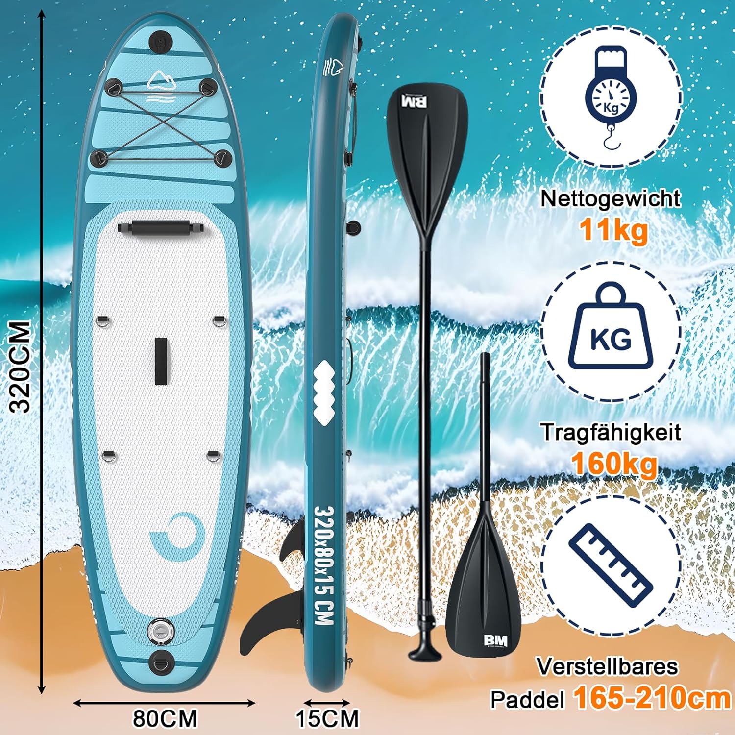Yardwell Aufblasbares Stand Up Paddle Board Mit Kajaksitz und verstellbarem Schlagbrett, Bis 160kg