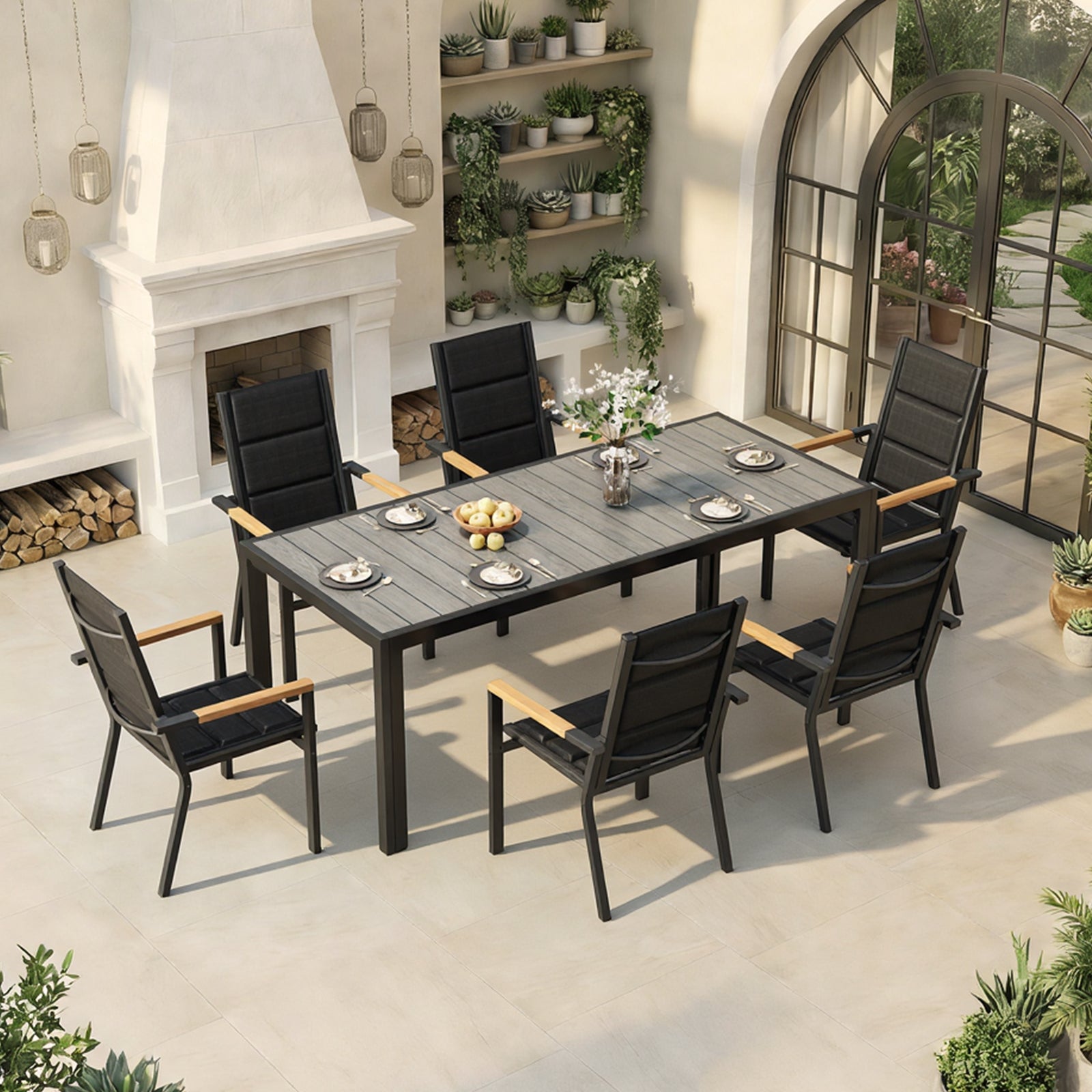 4-person outdoor dining set with aluminum frame and wood-look table, black padded chairs with teak armrests, patio dining furniture set for 4