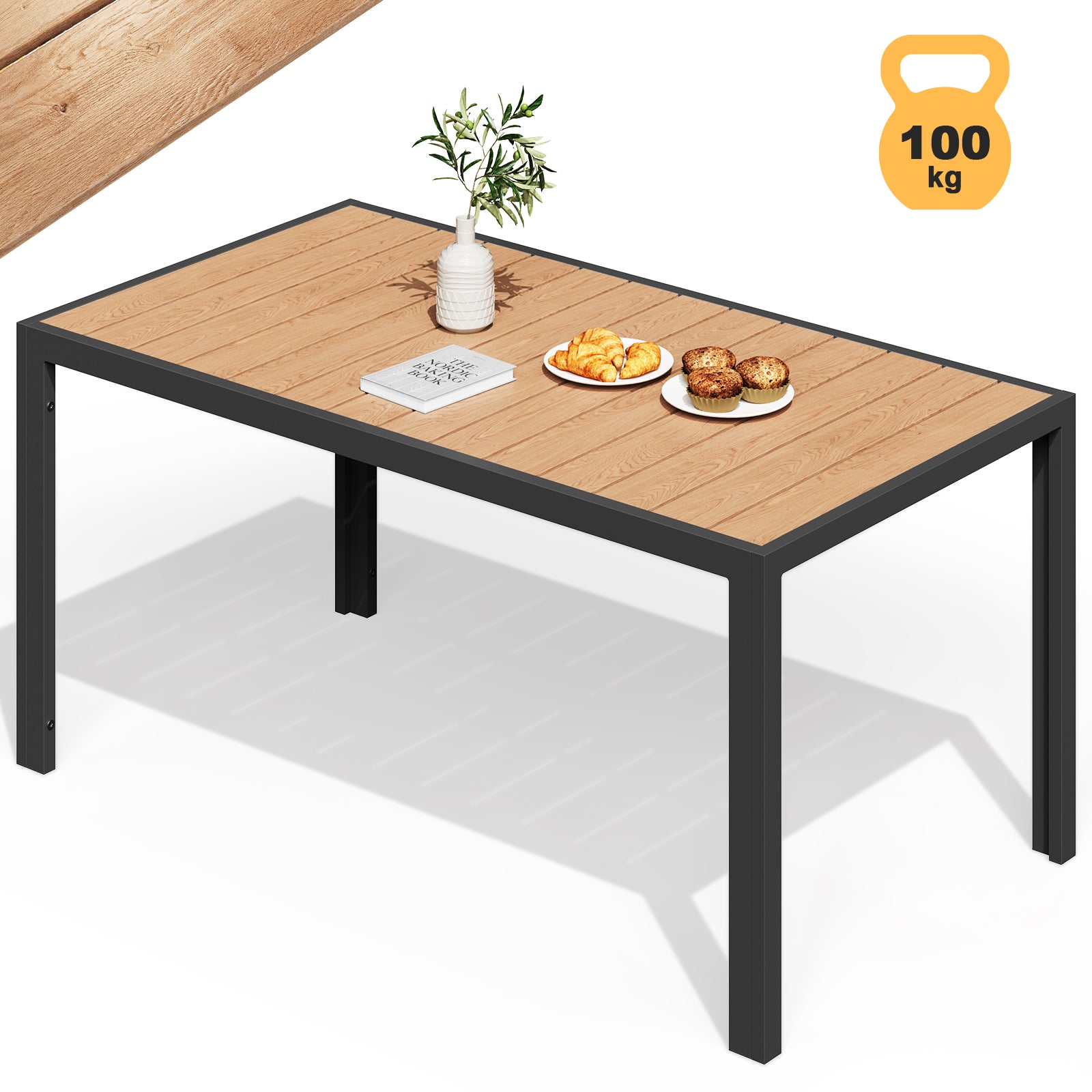 Gartentisch in Holzoptik – PS-Tischplatte & Aluminiumgestell, rostfrei Rostfrei