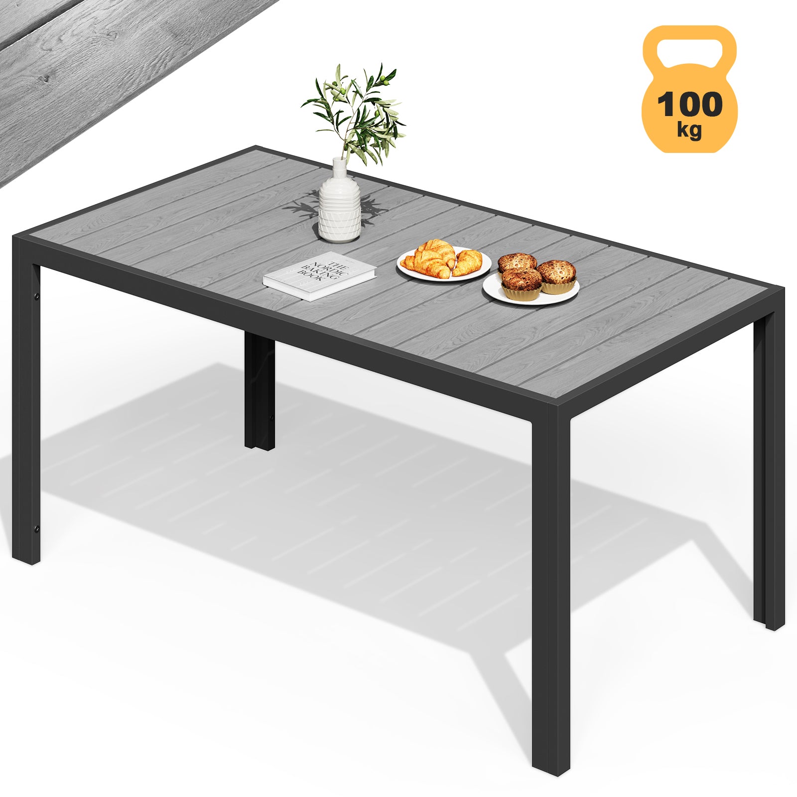 Gartentisch in Holzoptik – PS-Tischplatte & Aluminiumgestell, rostfrei Rostfrei