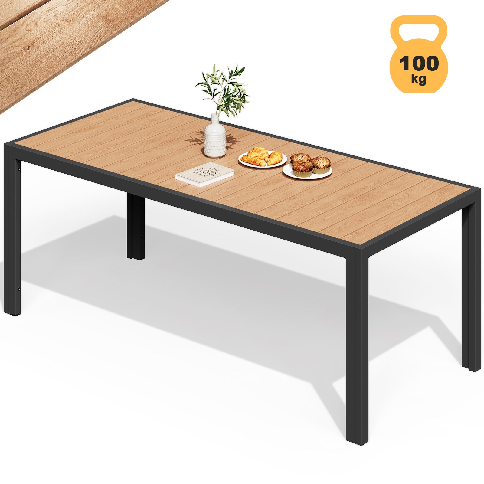 Gartentisch in Holzoptik – PS-Tischplatte & Aluminiumgestell, rostfrei Rostfrei