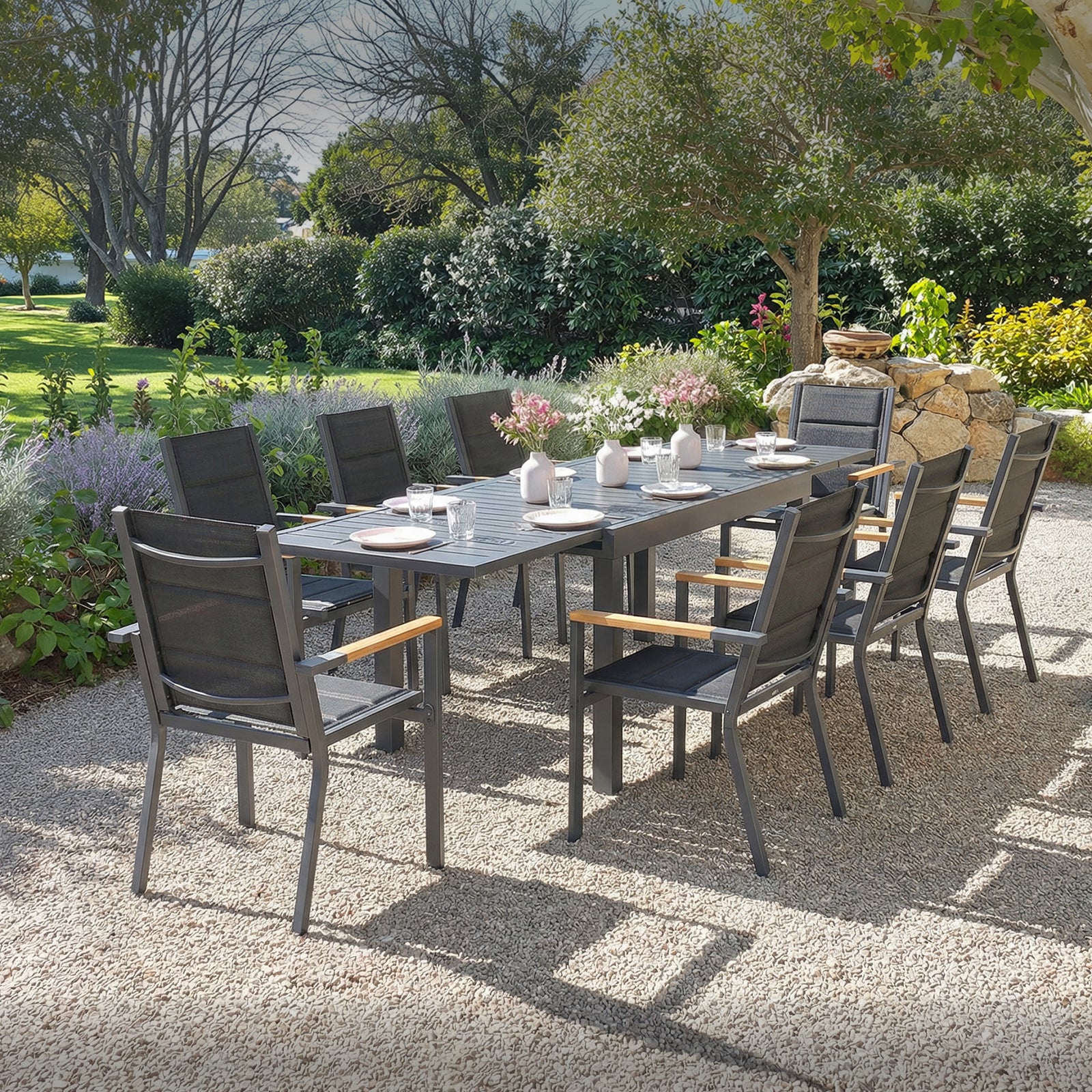 Gartenmöbel Set ausziehbar – Tisch 130–260 cm mit 6, 8 oder 10 Armlehnstühlen, Aluminium, 3 Farben - Yardwell