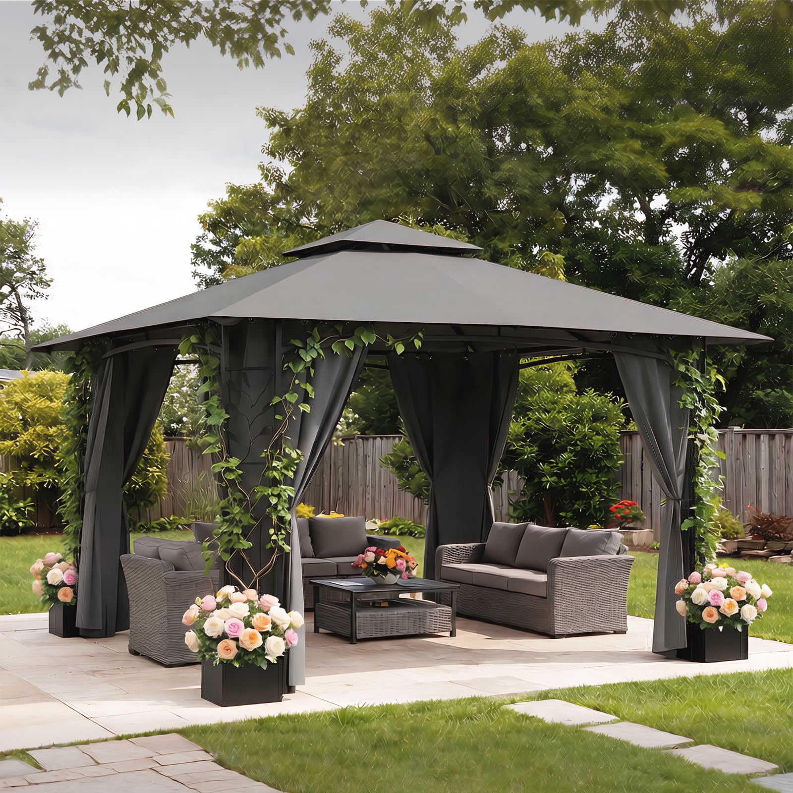 Yardwell Gartenpavillon mit 4 Pflanzkübeln | Rankpavillon 3x3m für Kletterpflanzen | Dekorativ & Stabil | Anthrazit