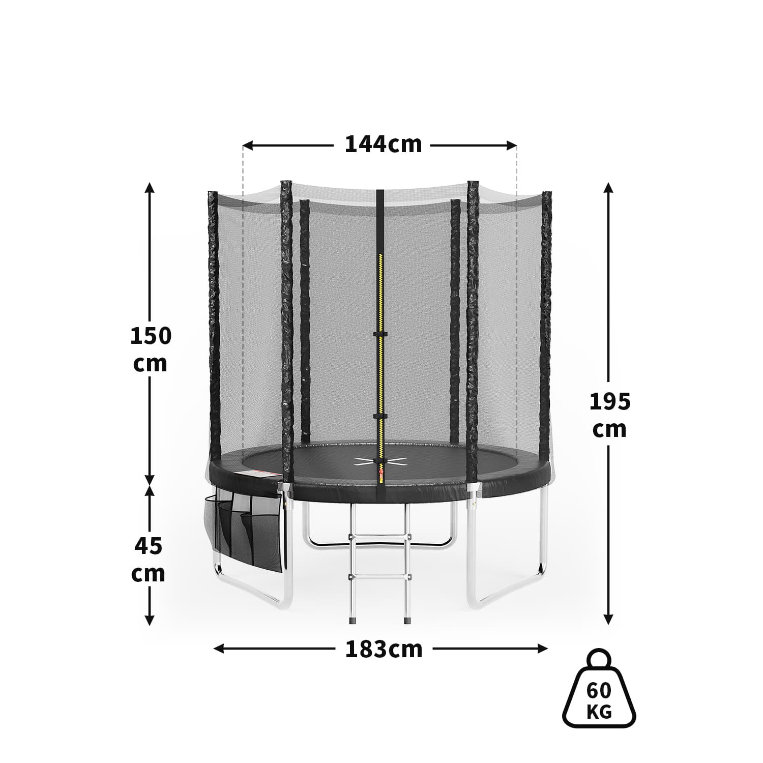 E1 Trampolin mit Sicherheitsnetz und Leiter, Ø 183-427cm, Schwarz