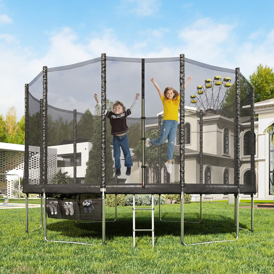 E1 Trampolin mit Sicherheitsnetz und Leiter, Ø 183-427cm, Schwarz