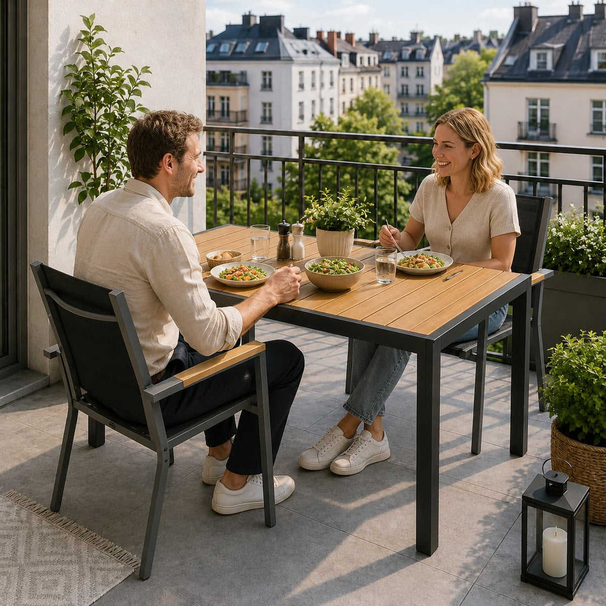 Balkonmöbel Set 150 cm – Aluminium in Holzoptik für 2 bis 4 Personen - Yardwell