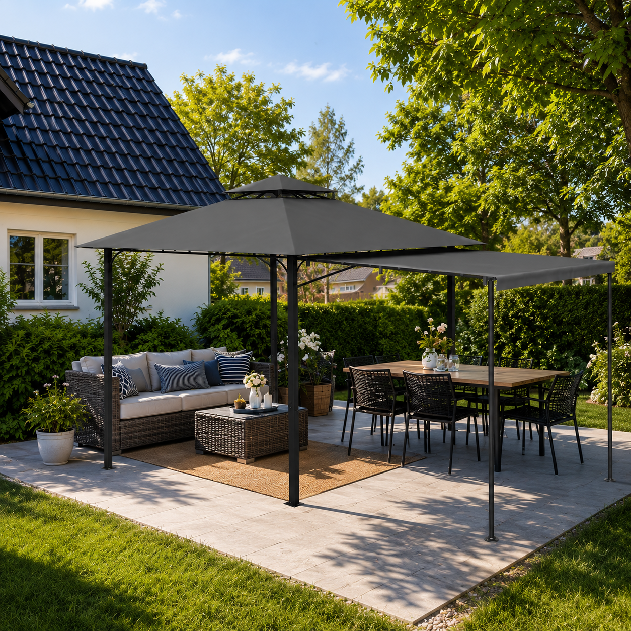 Yardwell 3x3m Gartenpavillon mit ausziehbarer Markise | Erweiterbare Schattenfläche | Wasserdicht & Stabil | Ideal für Grill & Lounge