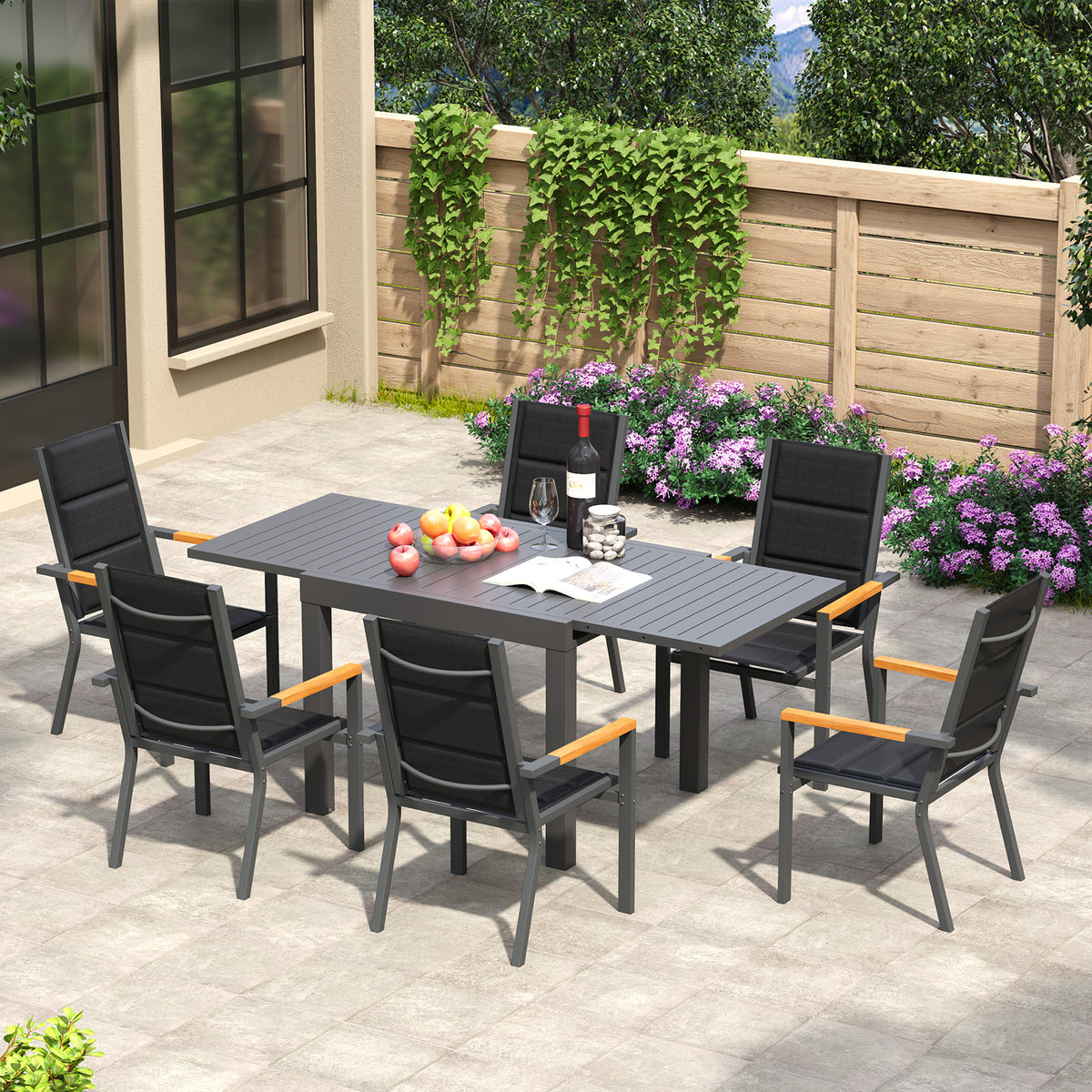 Gartenmöbel Set ausziehbar – Tisch 130–260 cm mit 6, 8 oder 10 Armlehnstühlen, Aluminium, 3 Farben - Yardwell