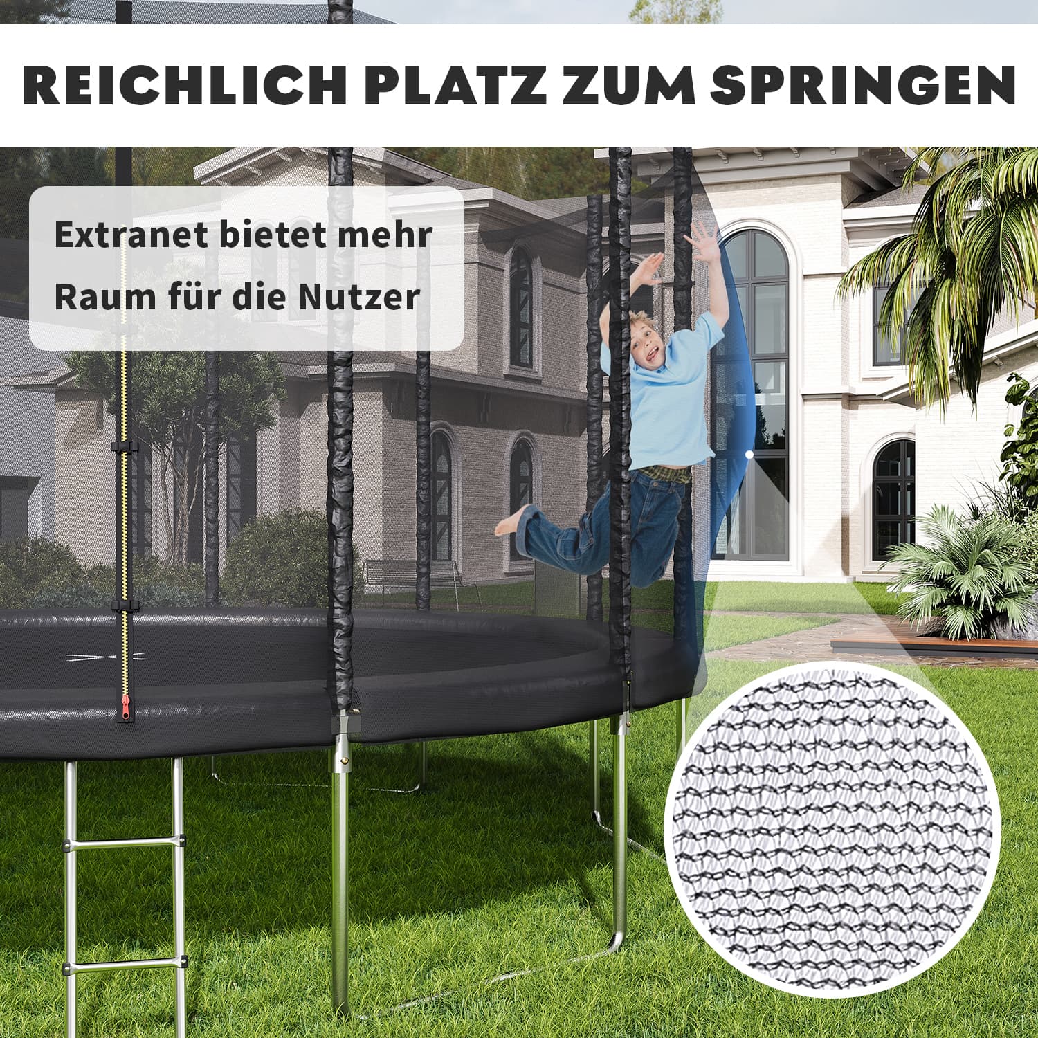 Trampoline mit Sicherheitsnetz und Leiter, Ø 183-427cm, Schwarz