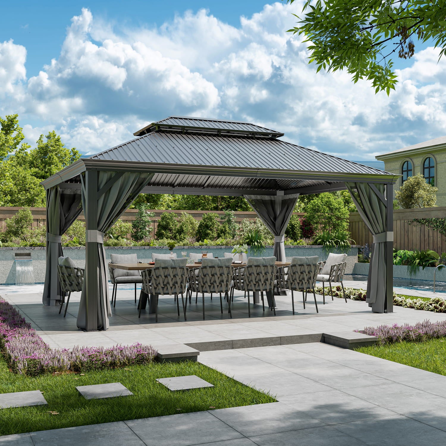 Yardwell Hardtop Pavillon mit Stahldach, 3.65X4.85m, Gartenpavillon mit Seitenwand und Moskitonetz