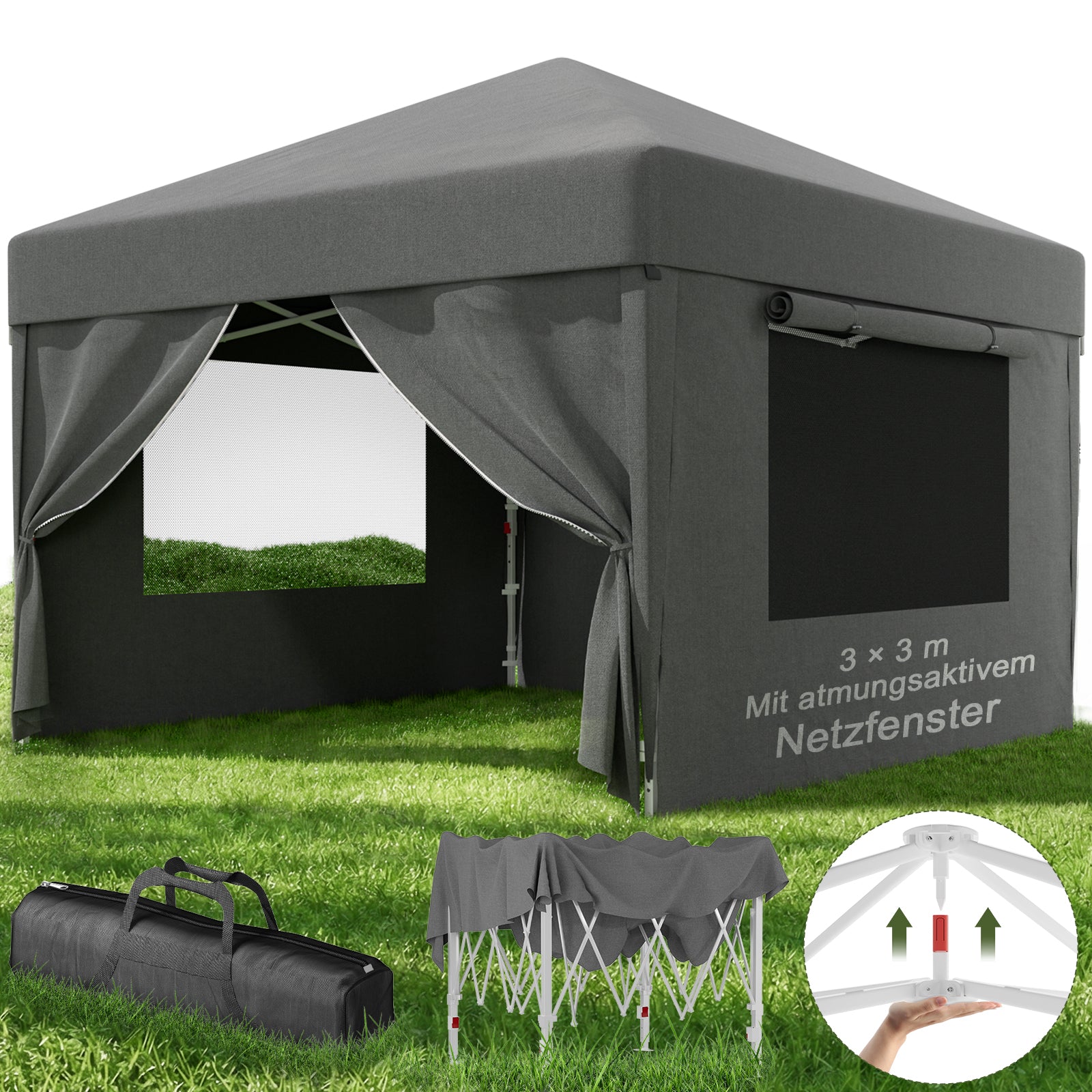 Faltpavillon mit Einhand-Hubsystem mit Moskitonetz-Vorhängen