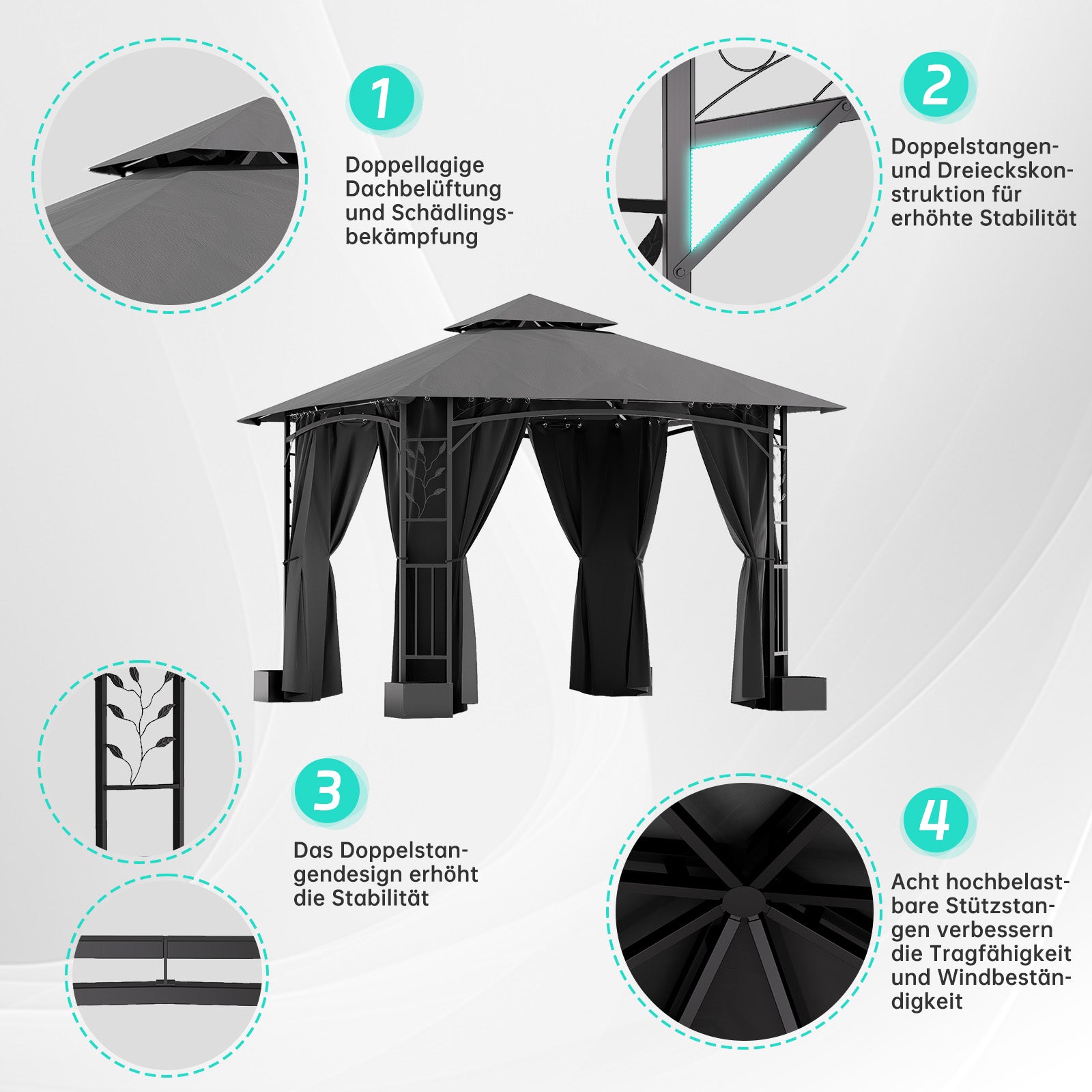 3x3 Gartenpavillon aus Schmiedeeisen mit 4 Blumentöpfen