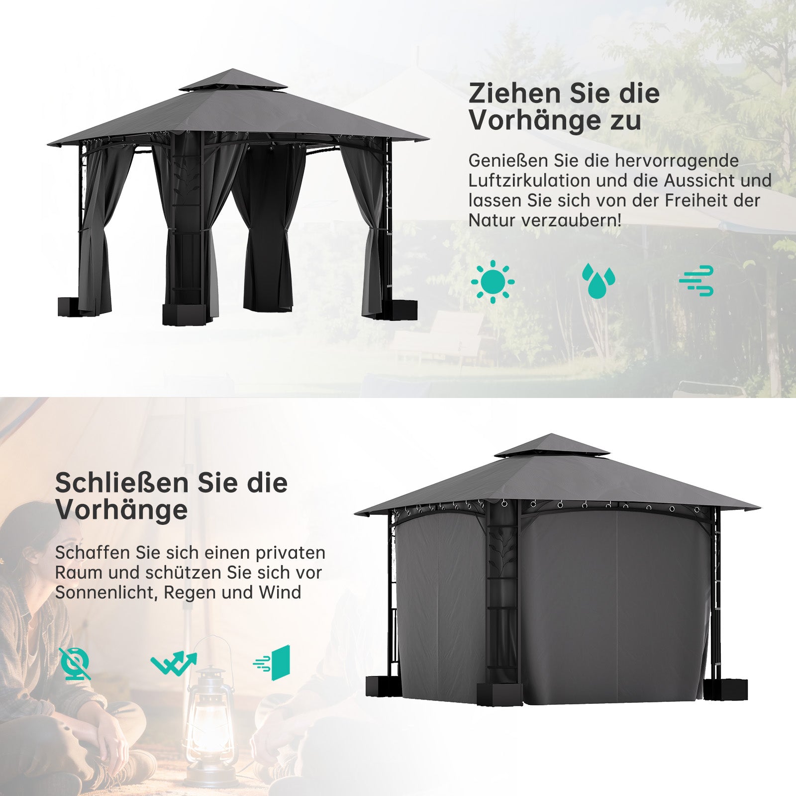 Yardwell Gartenpavillon mit 4 Pflanzkübeln | Rankpavillon 3x3m für Kletterpflanzen | Dekorativ & Stabil | Anthrazit