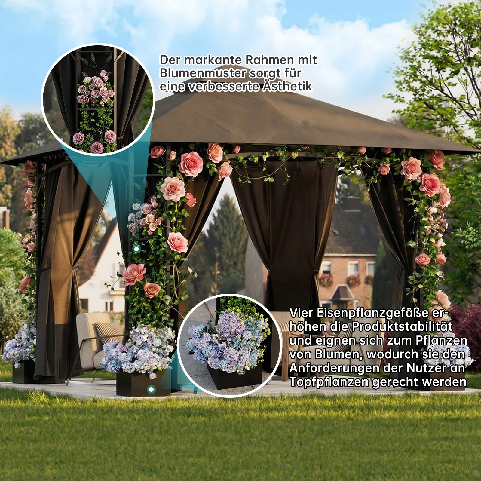 Yardwell Gartenpavillon mit 4 Pflanzkübeln | Rankpavillon 3x3m für Kletterpflanzen | Dekorativ & Stabil | Anthrazit