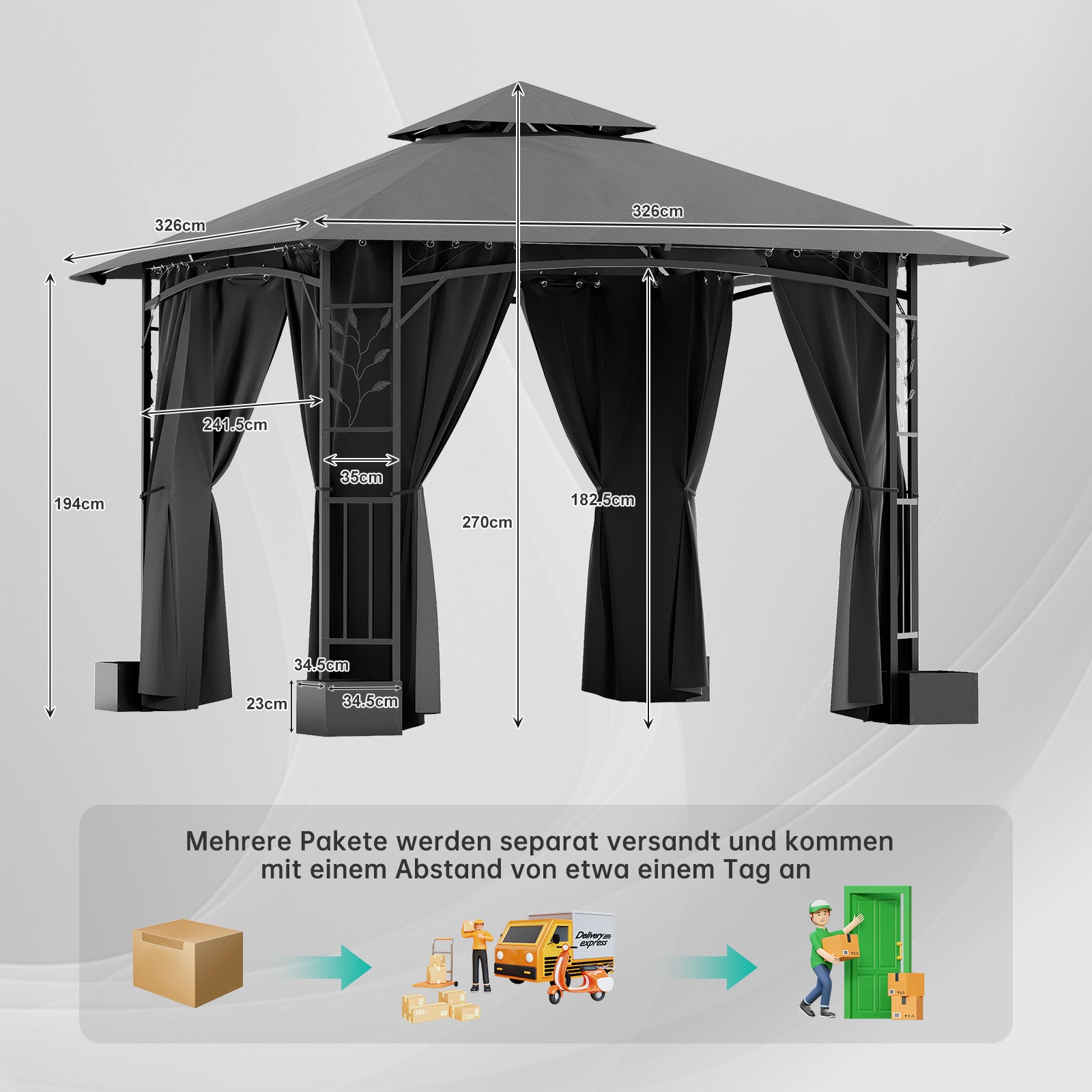 Yardwell Gartenpavillon mit 4 Pflanzkübeln | Rankpavillon 3x3m für Kletterpflanzen | Dekorativ & Stabil | Anthrazit