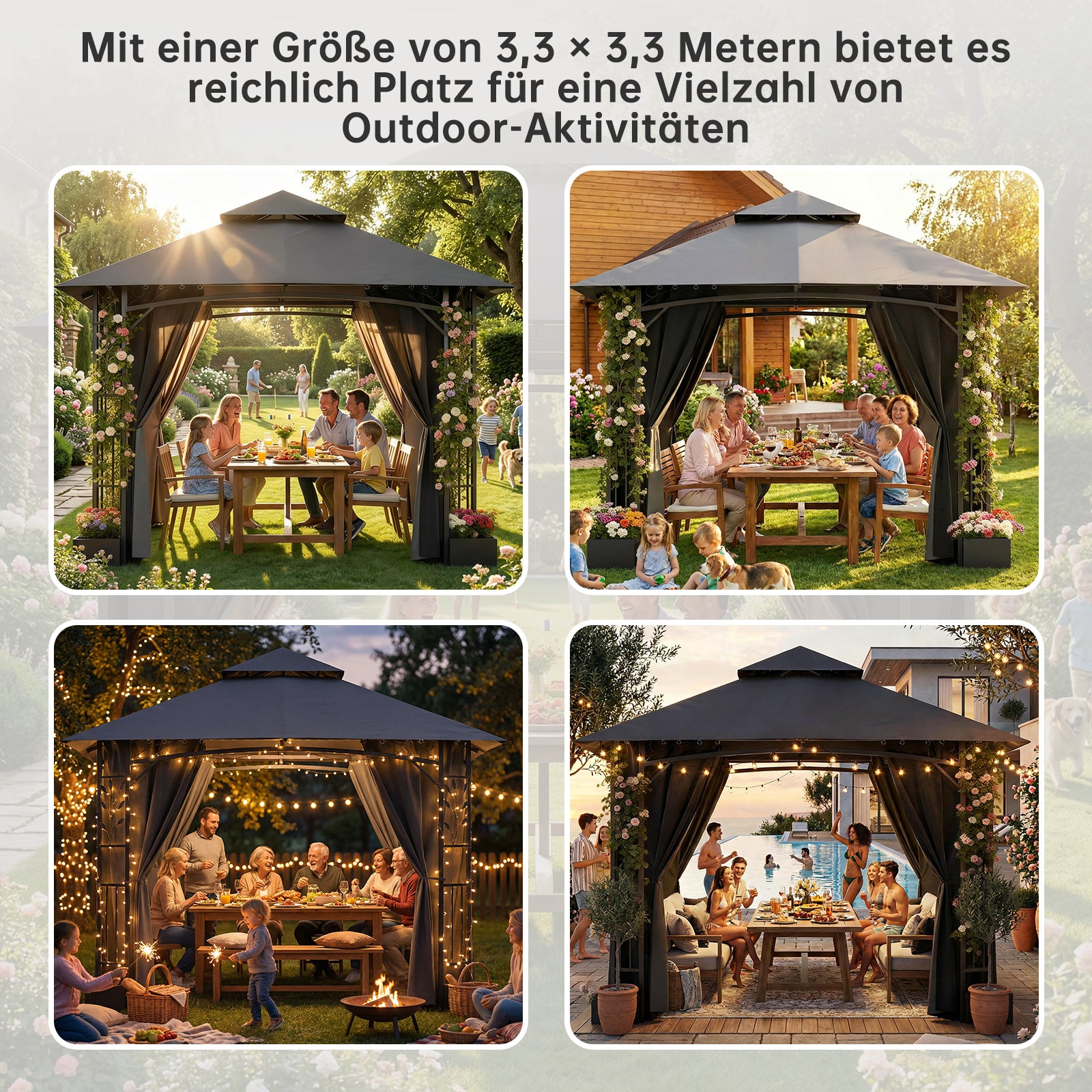 Yardwell Gartenpavillon mit 4 Pflanzkübeln | Rankpavillon 3x3m für Kletterpflanzen | Dekorativ & Stabil | Anthrazit