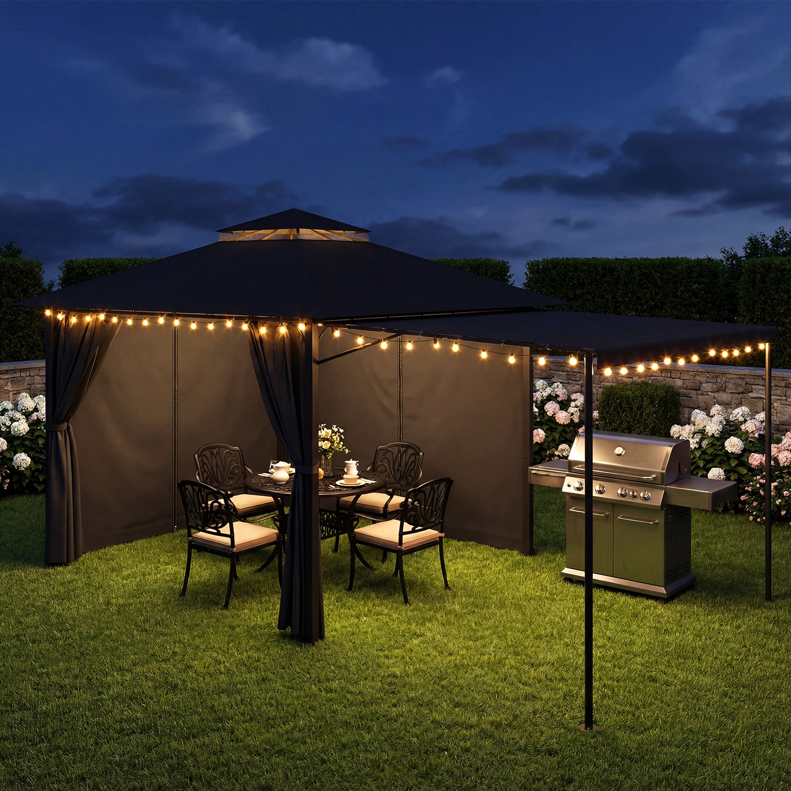 Yardwell 3x3m Gartenpavillon mit ausziehbarer Markise | Erweiterbare Schattenfläche | Wasserdicht & Stabil | Ideal für Grill & Lounge