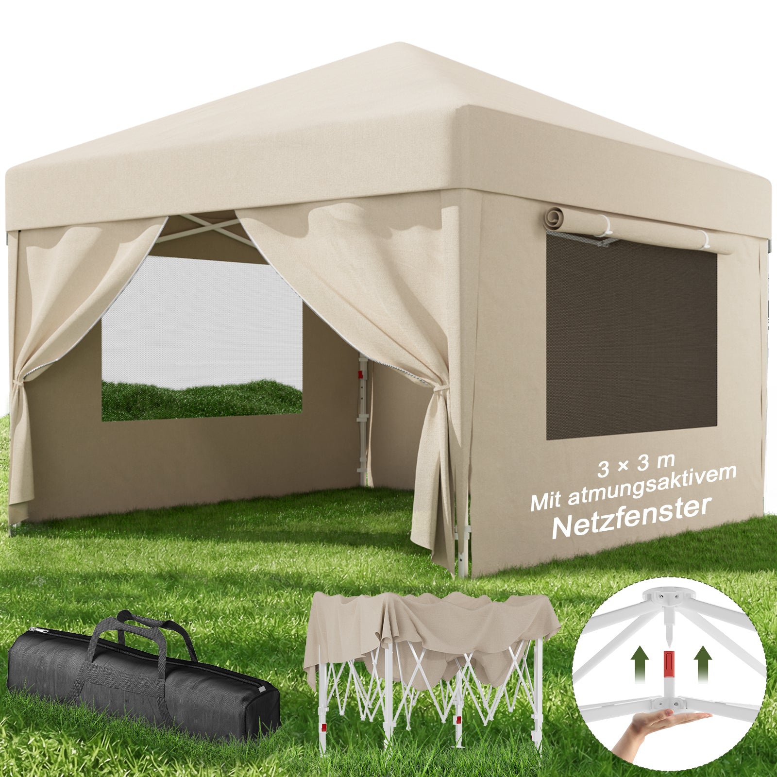 Faltpavillon mit Einhand-Hubsystem mit Moskitonetz-Vorhängen