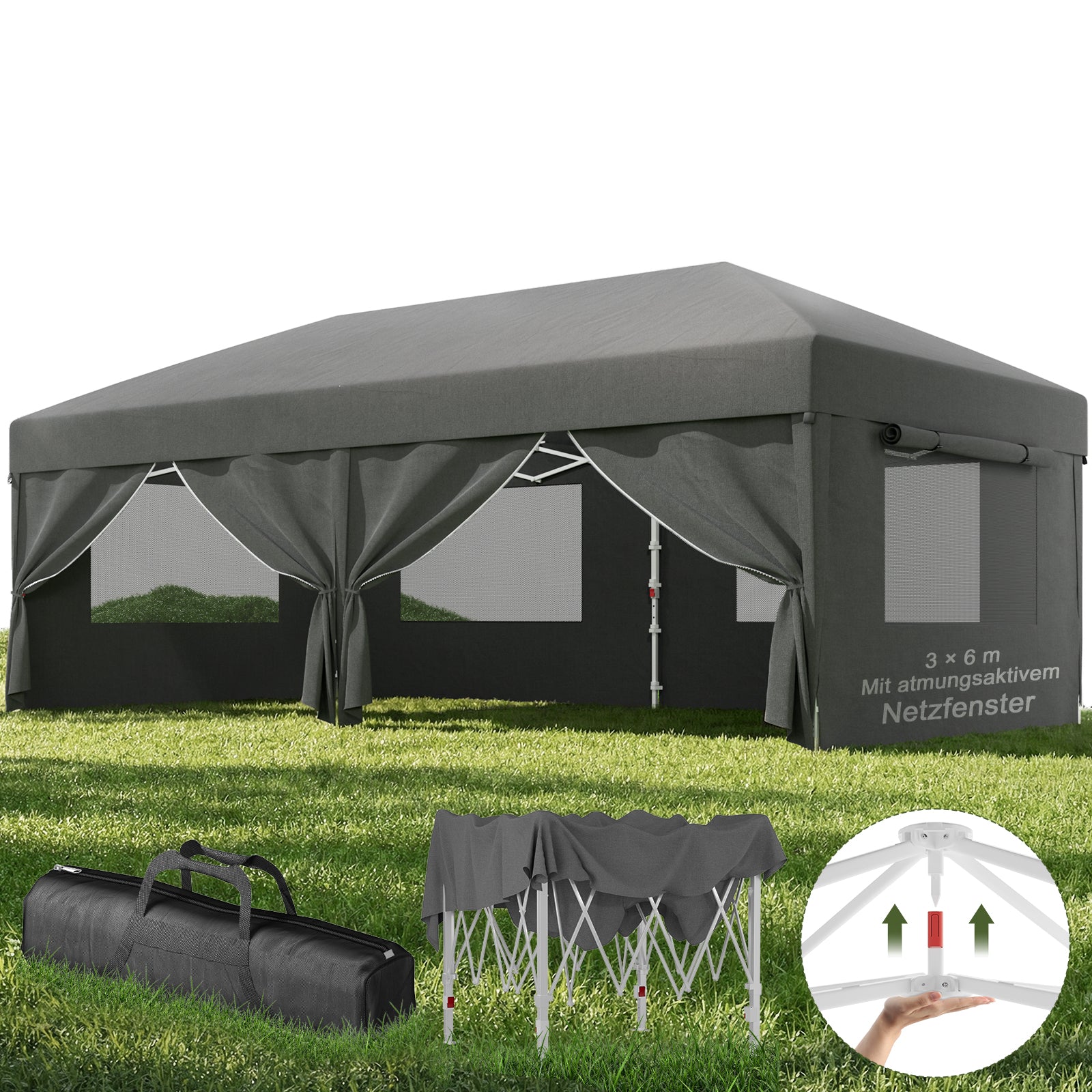 Faltpavillon mit Einhand-Hubsystem mit Moskitonetz-Vorhängen