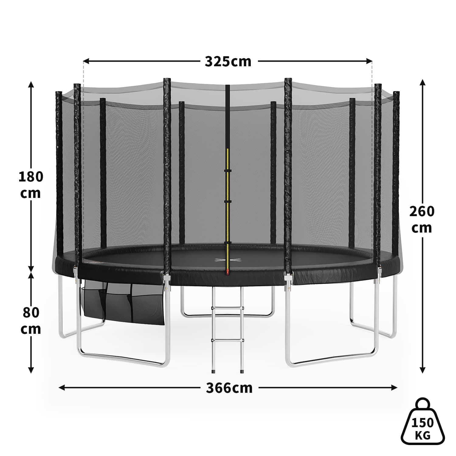 E1 Trampolin mit Sicherheitsnetz und Leiter, Ø 183-427cm, Schwarz