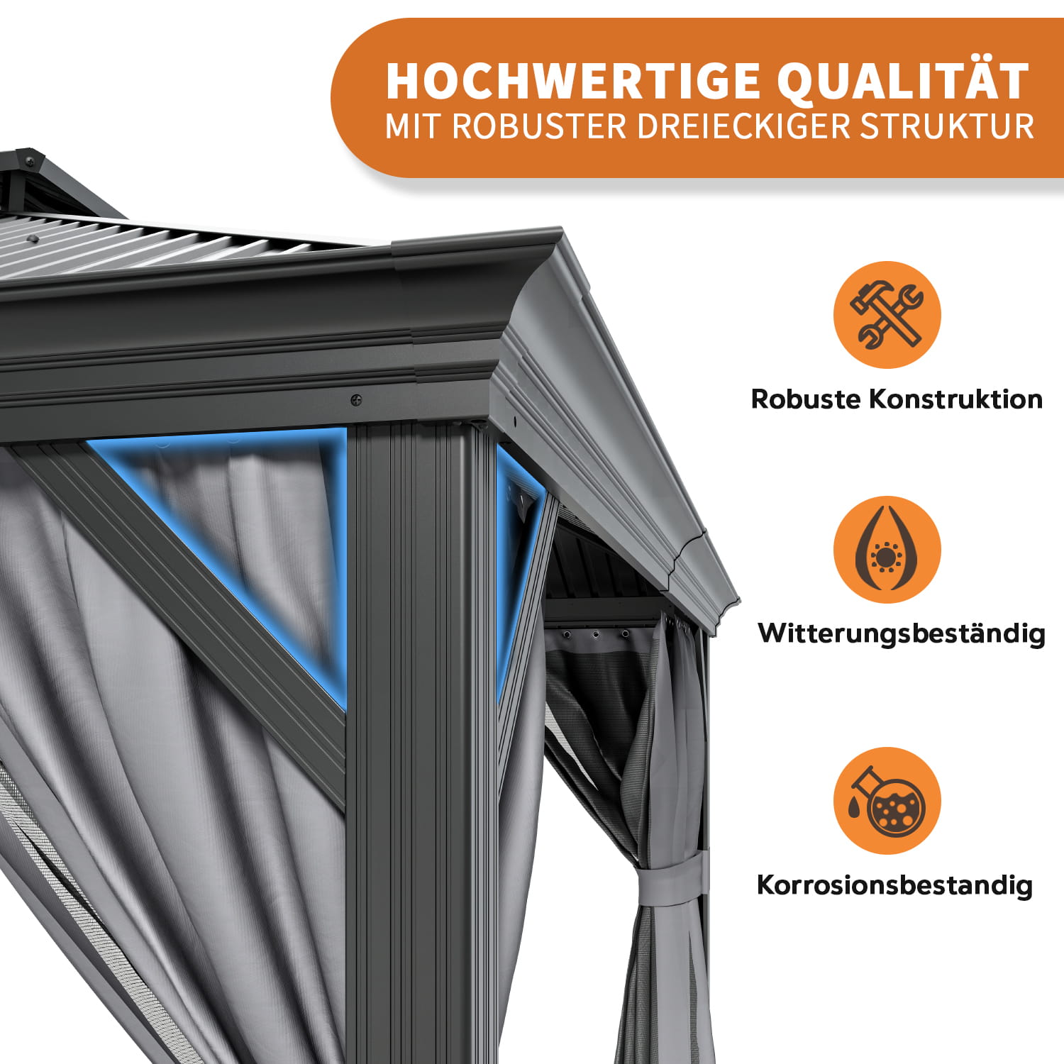 Yardwell Hardtop Pavillon mit Stahldach, 3.65X4.85m, Gartenpavillon mit Seitenwand und Moskitonetz
