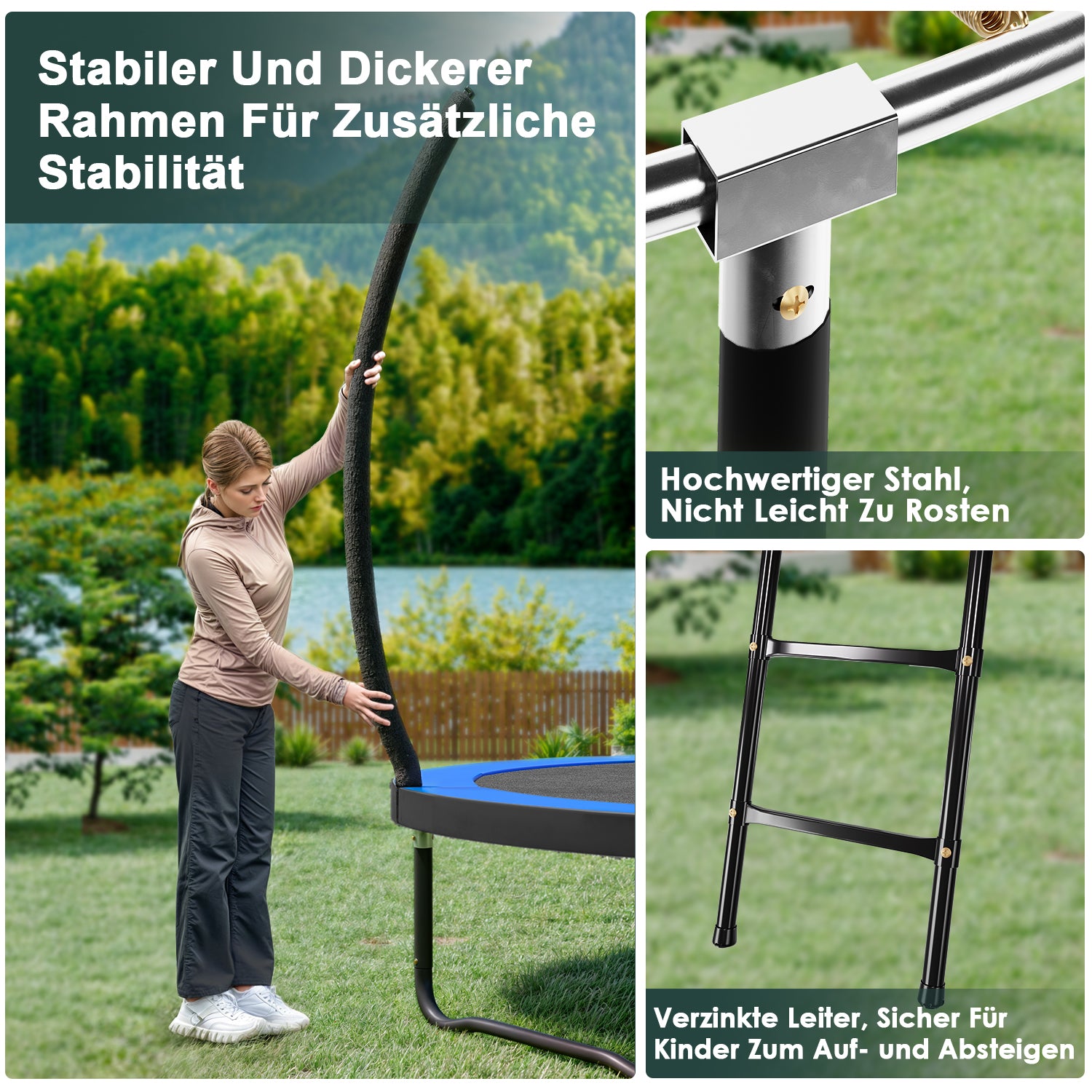 Trampoline mit Sicherheitsnetz und Leiter, Ø 244-427cm