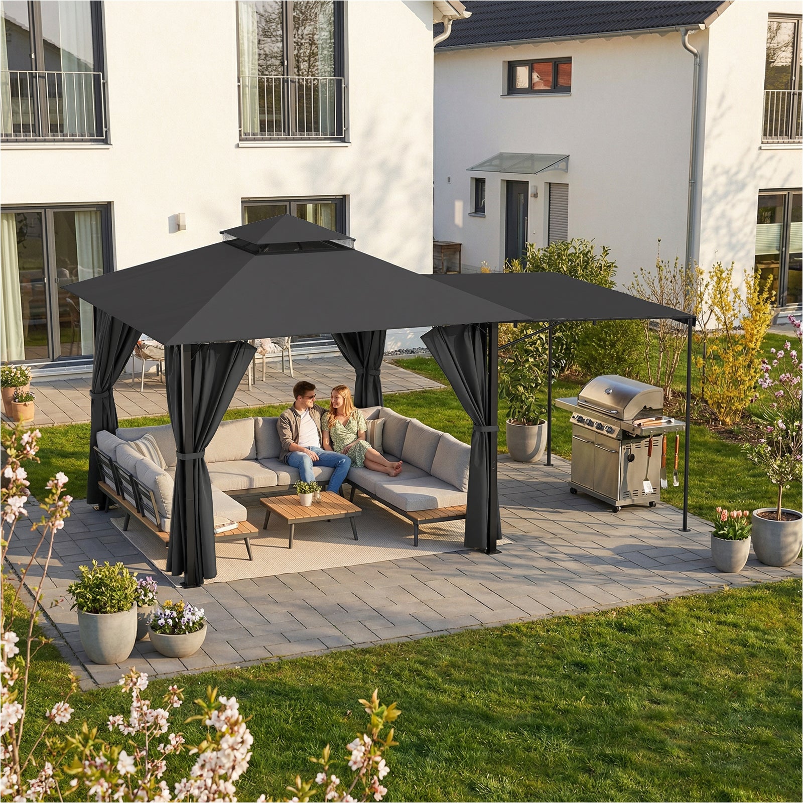 Yardwell 3x3m Gartenpavillon mit ausziehbarer Markise | Erweiterbare Schattenfläche | Wasserdicht & Stabil | Ideal für Grill & Lounge