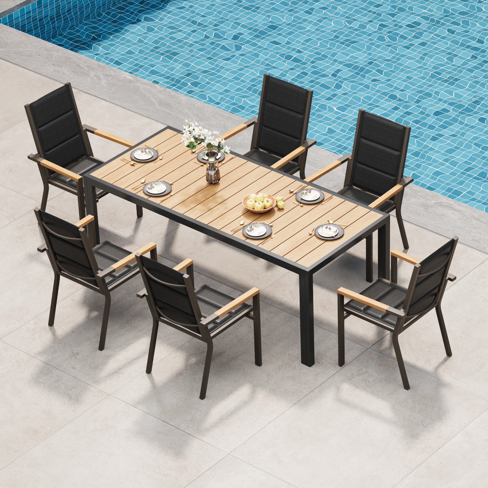 6-person outdoor patio dining set beside pool, aluminum table with wood slat top and black padded chairs, poolside furniture set for 6