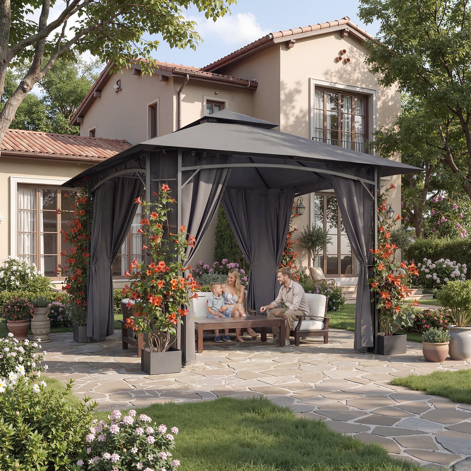 Yardwell Gartenpavillon mit 4 Pflanzkübeln | Rankpavillon 3x3m für Kletterpflanzen | Dekorativ & Stabil | Anthrazit