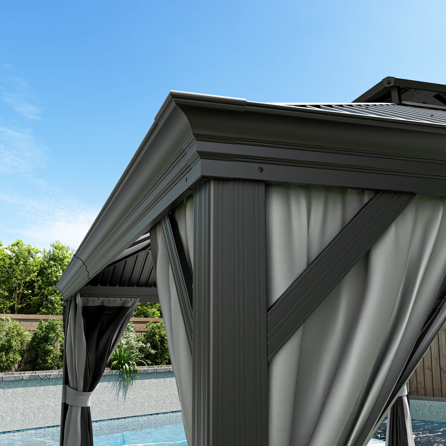 Yardwell Hardtop Pavillon mit Stahldach, 3.65X4.85m, Gartenpavillon mit Seitenwand und Moskitonetz