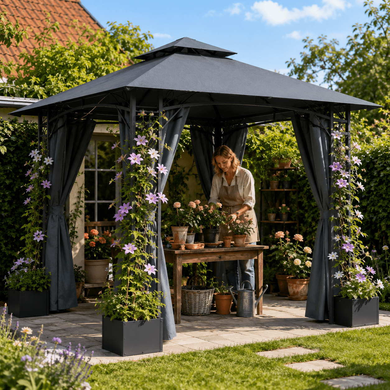 Yardwell Gartenpavillon mit 4 Pflanzkübeln | Rankpavillon 3x3m für Kletterpflanzen | Dekorativ & Stabil | Anthrazit - Yardwell