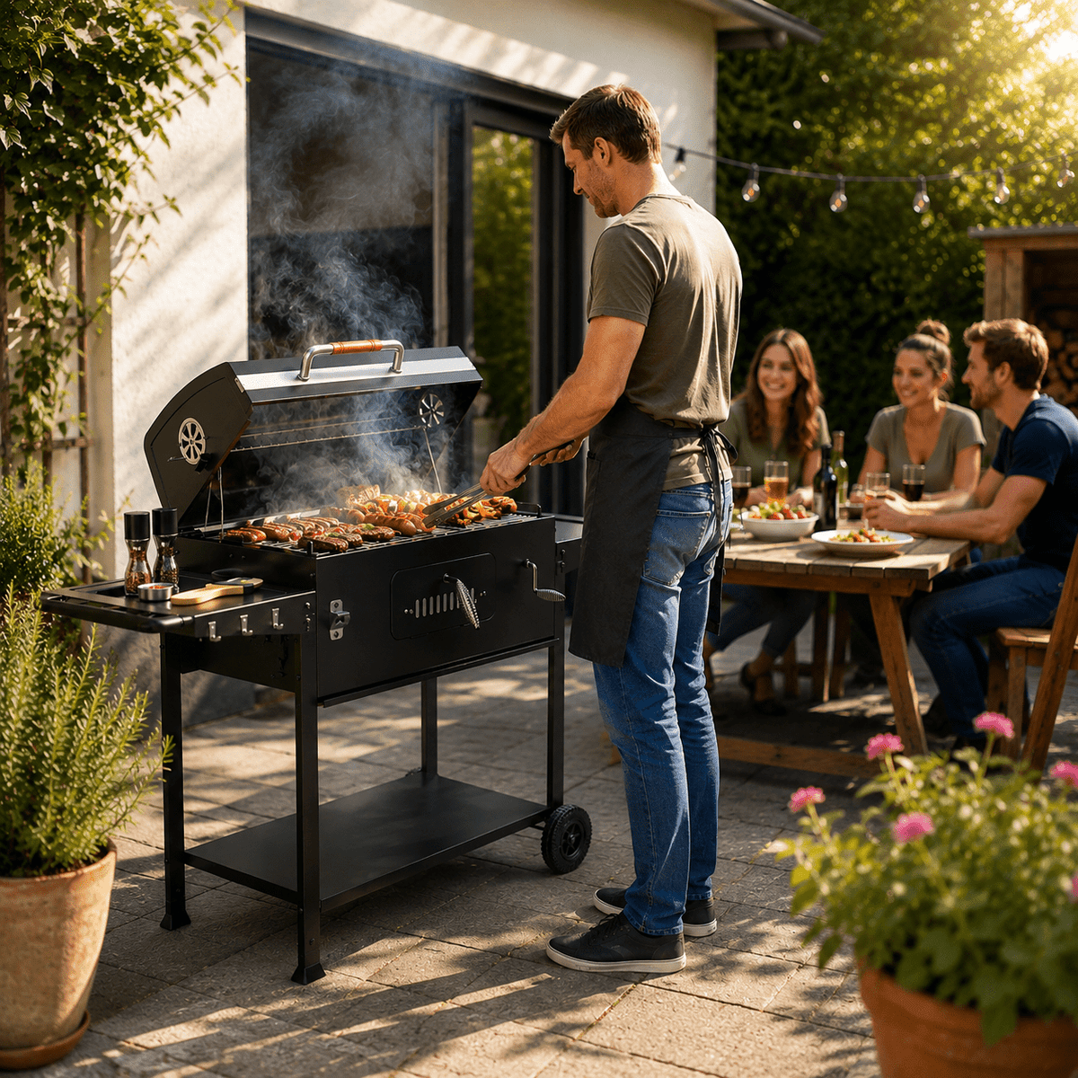 Holzkohlegrill XXL mit Deckel & Thermometer | BBQ Grillwagen mit 2 Seitentischen, Rädern & Ascheschublade | Outdoor Standgrill für Garten - Yardwell