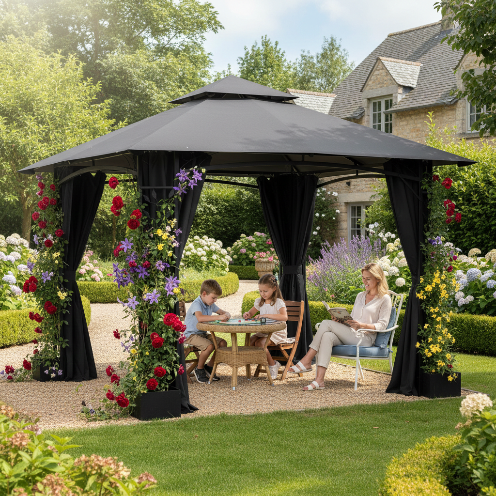 Yardwell Gartenpavillon mit 4 Pflanzkübeln | Rankpavillon 3x3m für Kletterpflanzen | Dekorativ & Stabil | Anthrazit - Yardwell