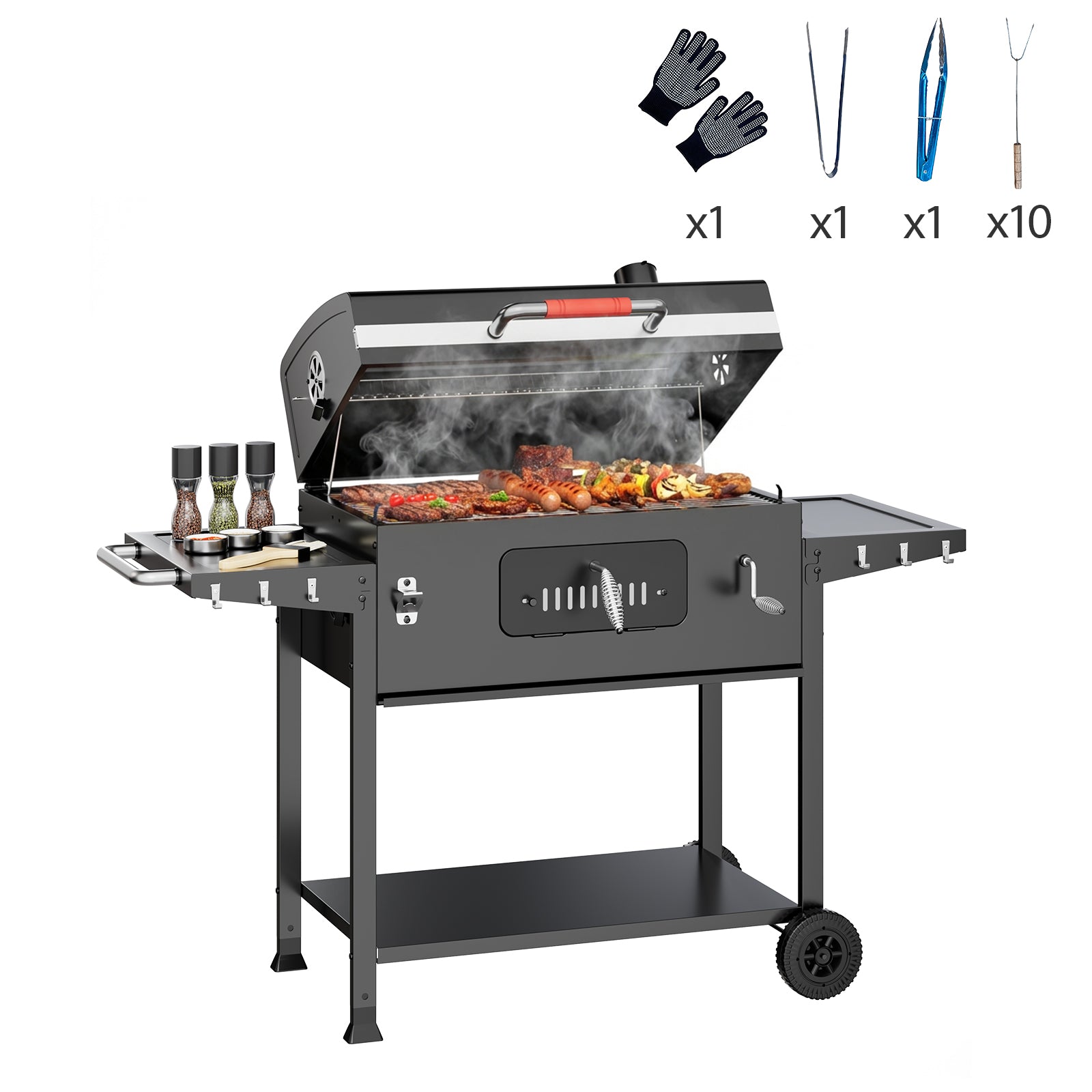 Holzkohlegrill mit doppelten Seitentischen – inkl. Basiszubehör