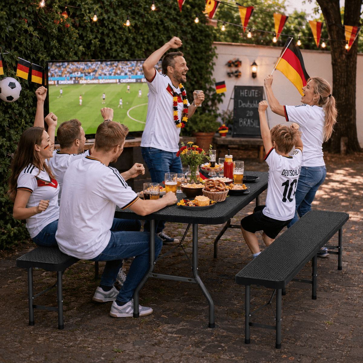 Bierzeltgarnitur klappbar 6 Personen – Klapptisch 180cm mit 2 Bänken, Rattan - Optik, 300kg, wetterfest, Kofferraum - geeignet - Yardwell