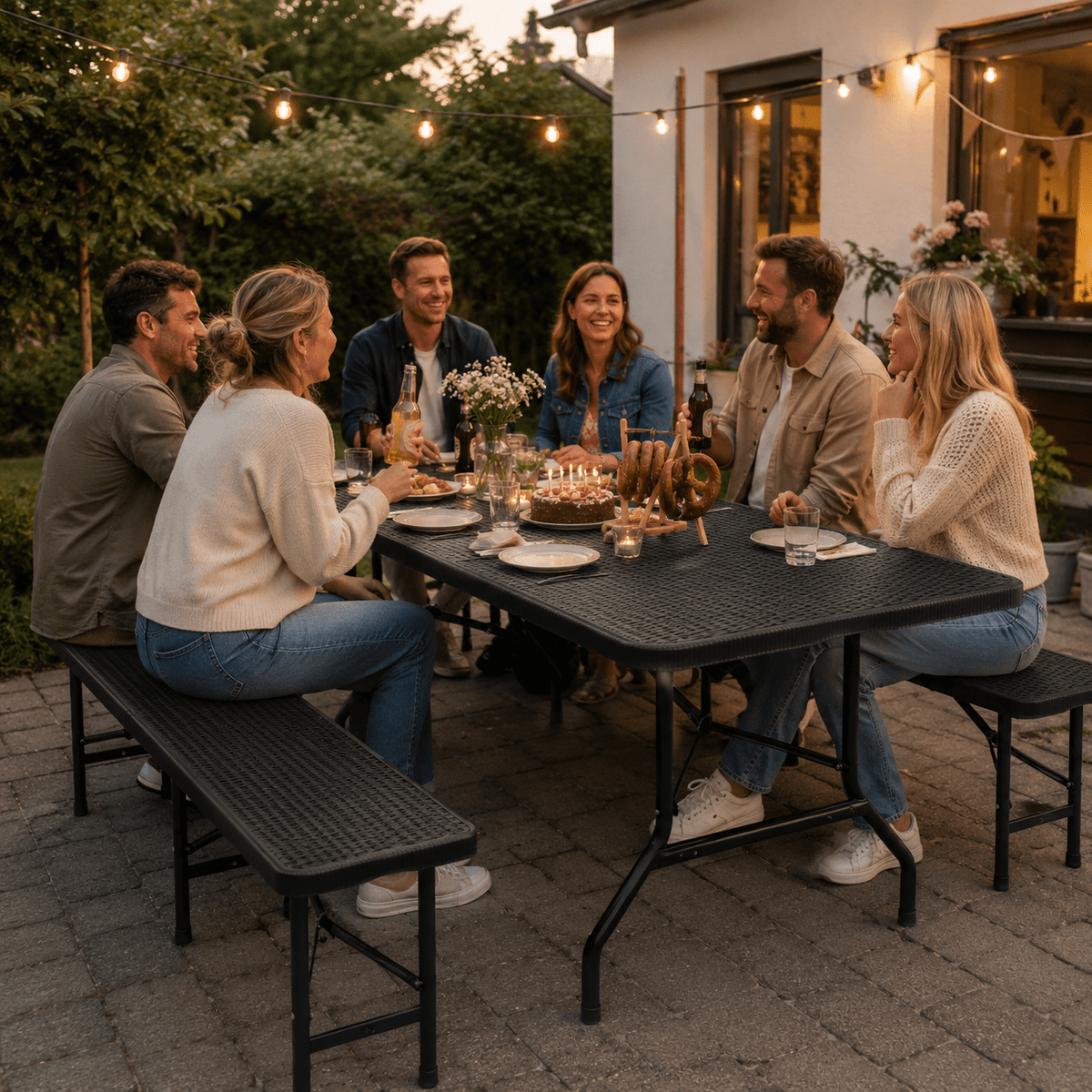 Bierzeltgarnitur klappbar 6 Personen – Klapptisch 180cm mit 2 Bänken, Rattan - Optik, 300kg, wetterfest, Kofferraum - geeignet - Yardwell