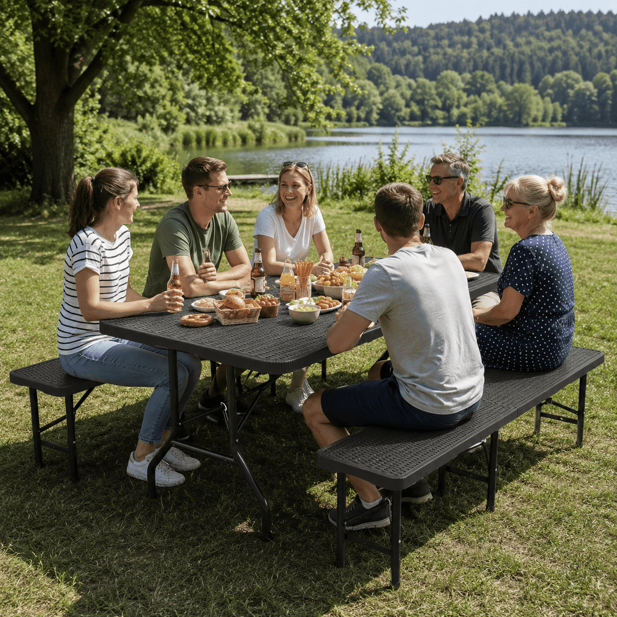 Bierzeltgarnitur klappbar 6 Personen – Klapptisch 180cm mit 2 Bänken, Rattan-Optik, 300kg, wetterfest, Kofferraum-geeignet