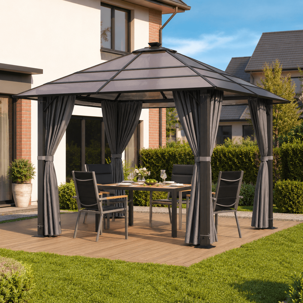 Yardwell Hardtop Pavillon mit Polycarbonat-Dach | Aluminium, Winterfest & 100% Wasserdicht | 3x3m & 3x4m - Yardwell