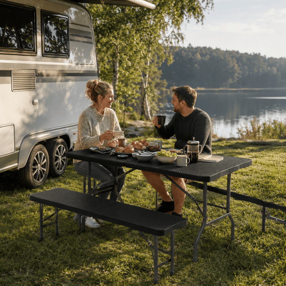 Bierzeltgarnitur klappbar 6 Personen – Klapptisch 180cm mit 2 Bänken, Rattan - Optik, 300kg, wetterfest, Kofferraum - geeignet - Yardwell