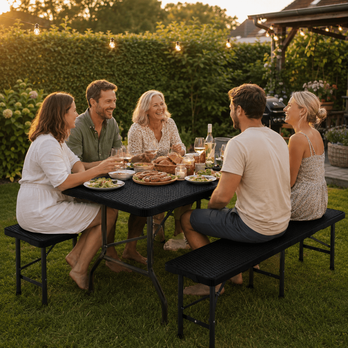 Bierzeltgarnitur klappbar 6 Personen – Klapptisch 180cm mit 2 Bänken, Rattan - Optik, 300kg, wetterfest, Kofferraum - geeignet - Yardwell