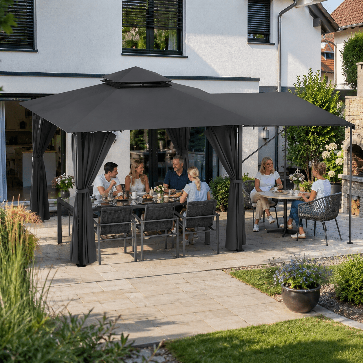 Yardwell Gartenpavillon erweiterbar 3x3m auf 3x6m | mit ausziehbarer Markise | Wasserdicht - Yardwell