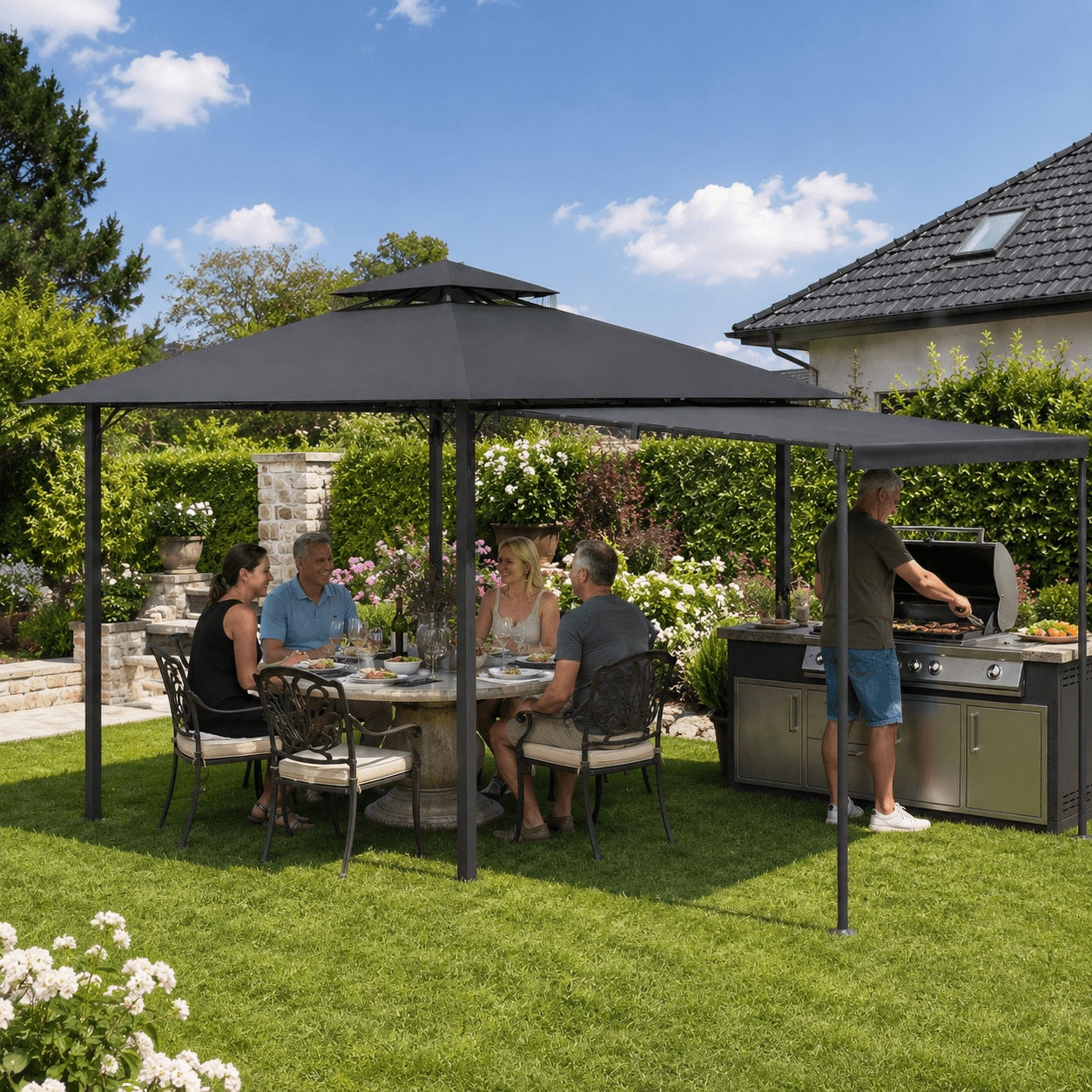 Yardwell Gartenpavillon erweiterbar 3x3m auf 3x6m | mit ausziehbarer Markise | Wasserdicht - Yardwell