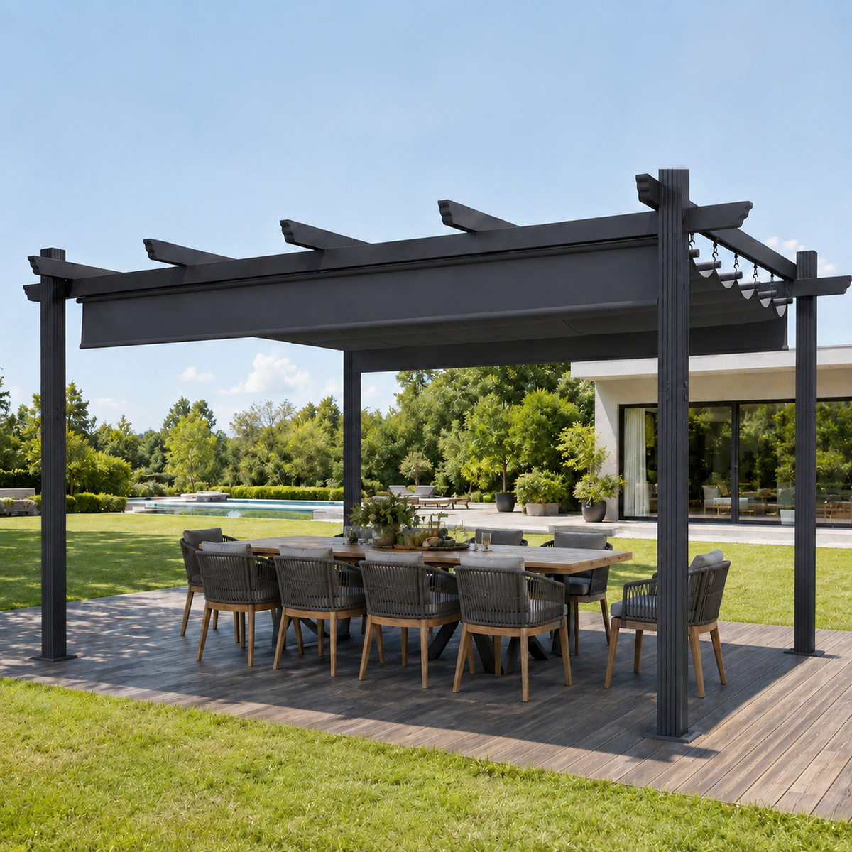 Yardwell Pergola Gartenpavillon mit einziehbarem Dach | 3x4m & 3x3m | Verstellbares Sonnendach | Wasserdicht & Stabil