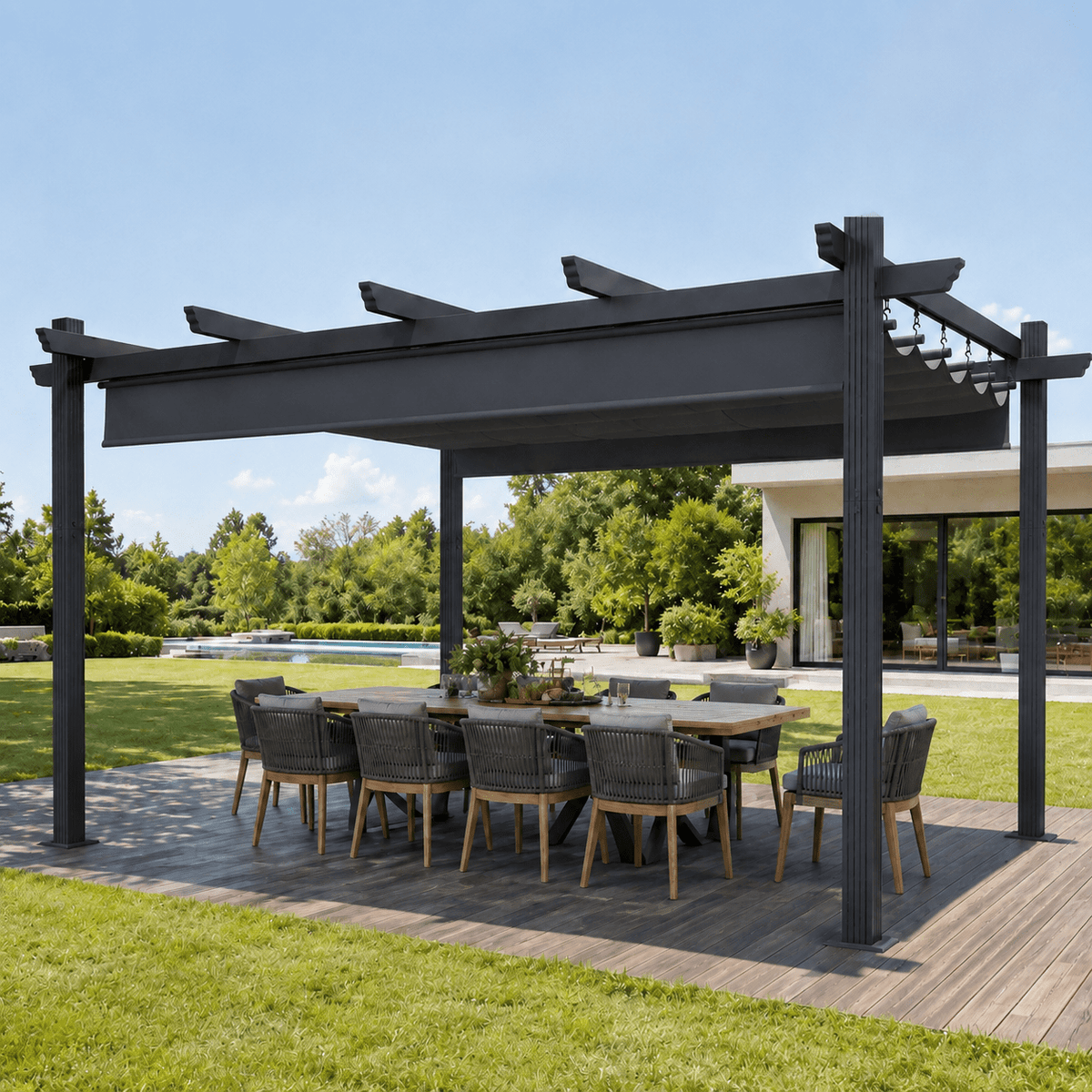 Yardwell Pergola Gartenpavillon mit einziehbarem Dach | 3x4m & 3x3m | Verstellbares Sonnendach | Wasserdicht & Stabil - Yardwell