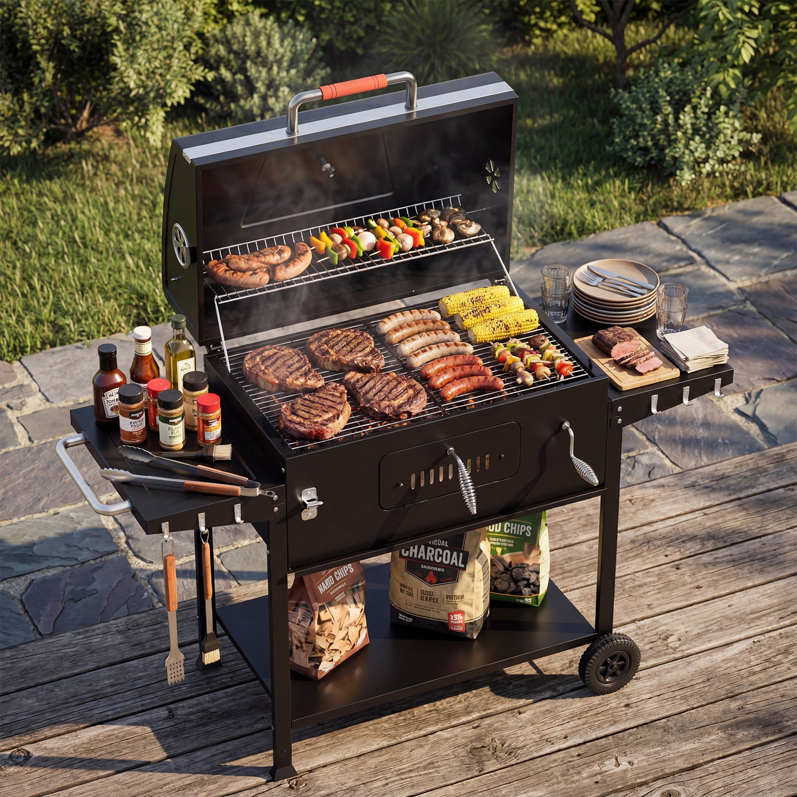 Holzkohlegrill mit doppelten Seitentischen – inkl. Basiszubehör