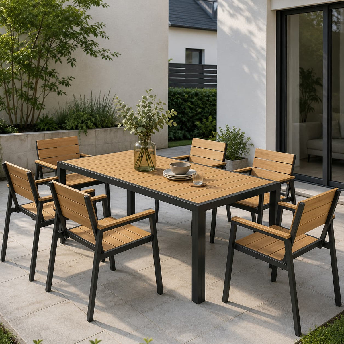 Gartenmöbel Set 189 cm – Aluminium Holzoptik | Für 4, 6 oder 8 Personen mit Armlehnstühlen - Yardwell
