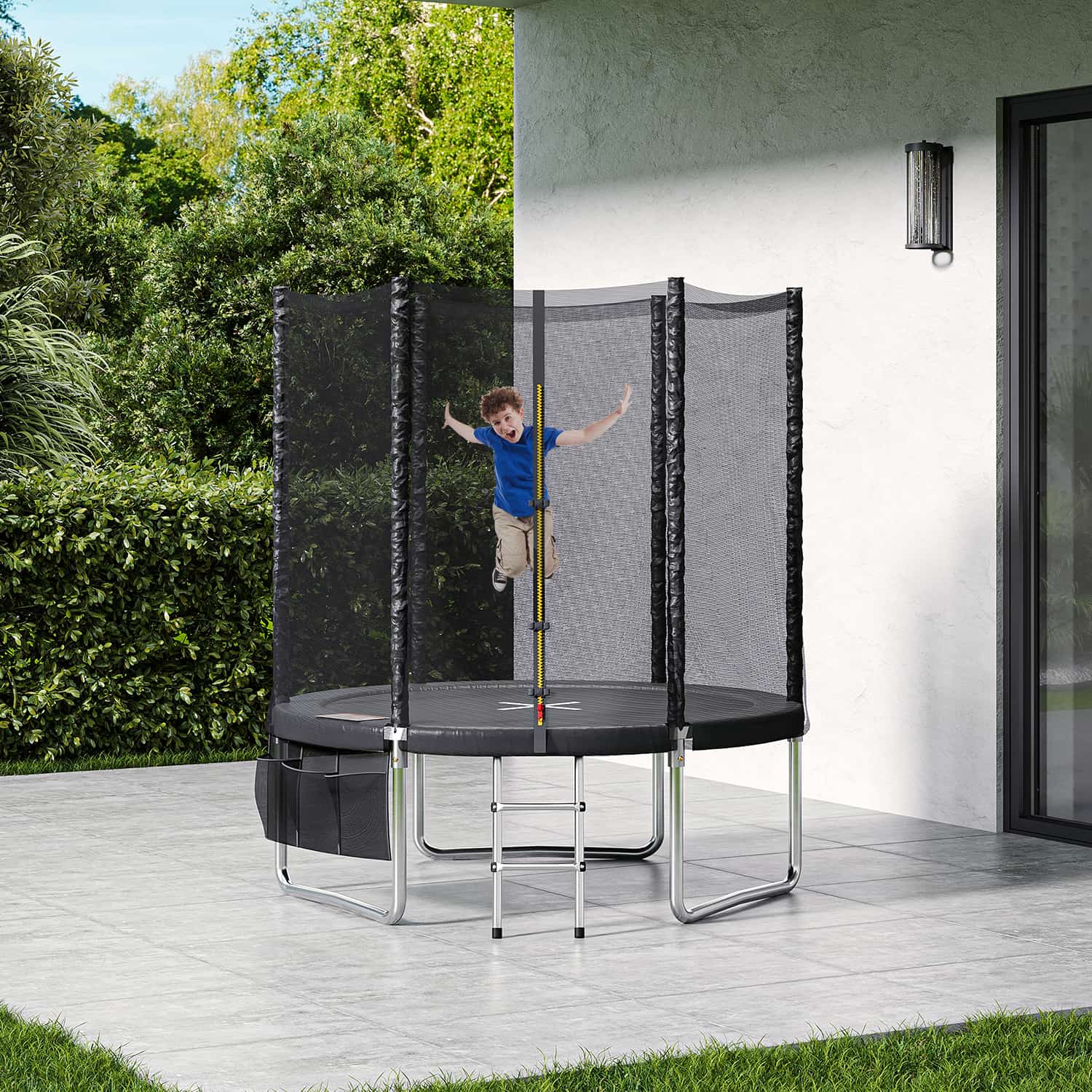 E1 Trampolin mit Sicherheitsnetz und Leiter, Ø 183-427cm, Schwarz