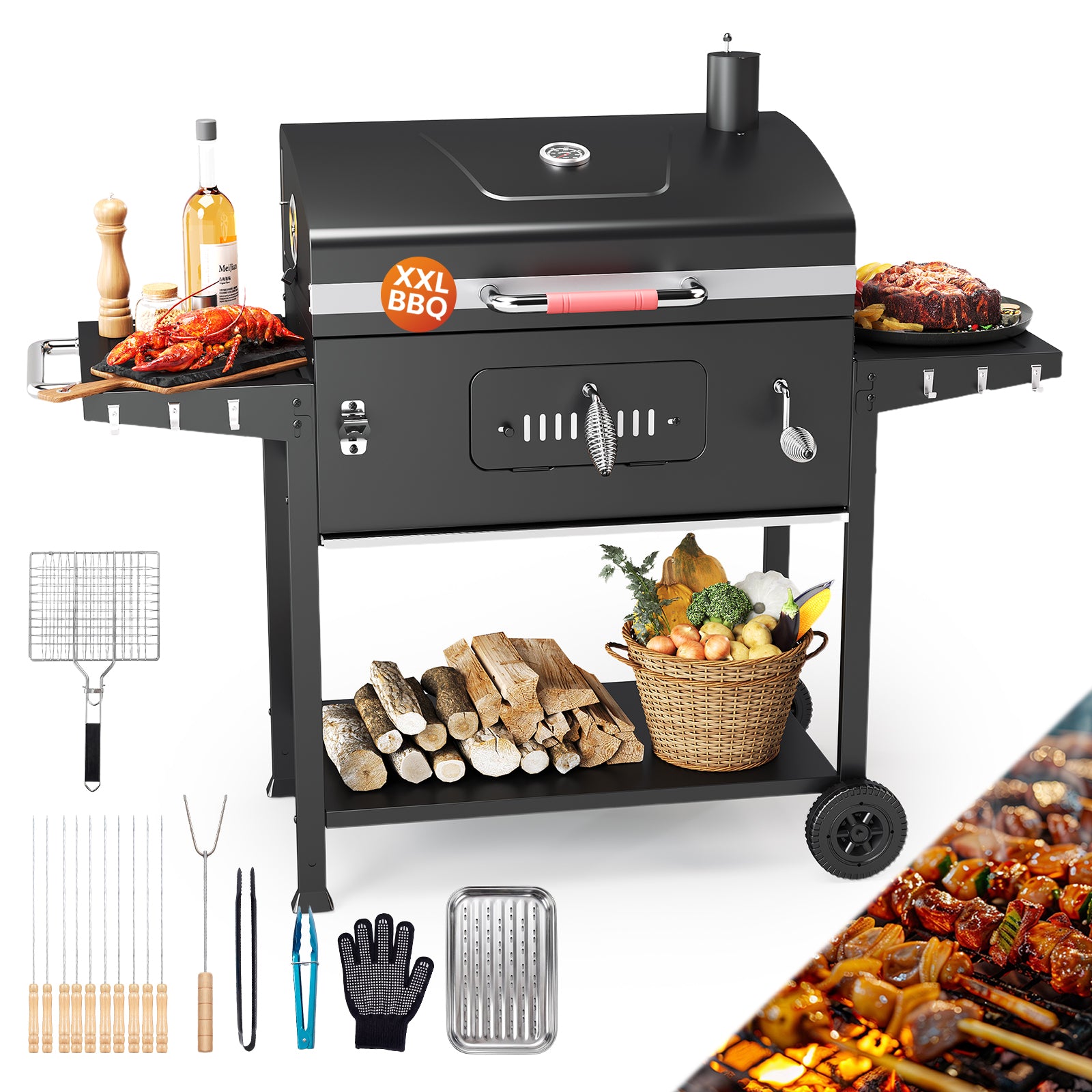 Holzkohlegrill mit doppelten Seitentischen – inkl. Basiszubehör