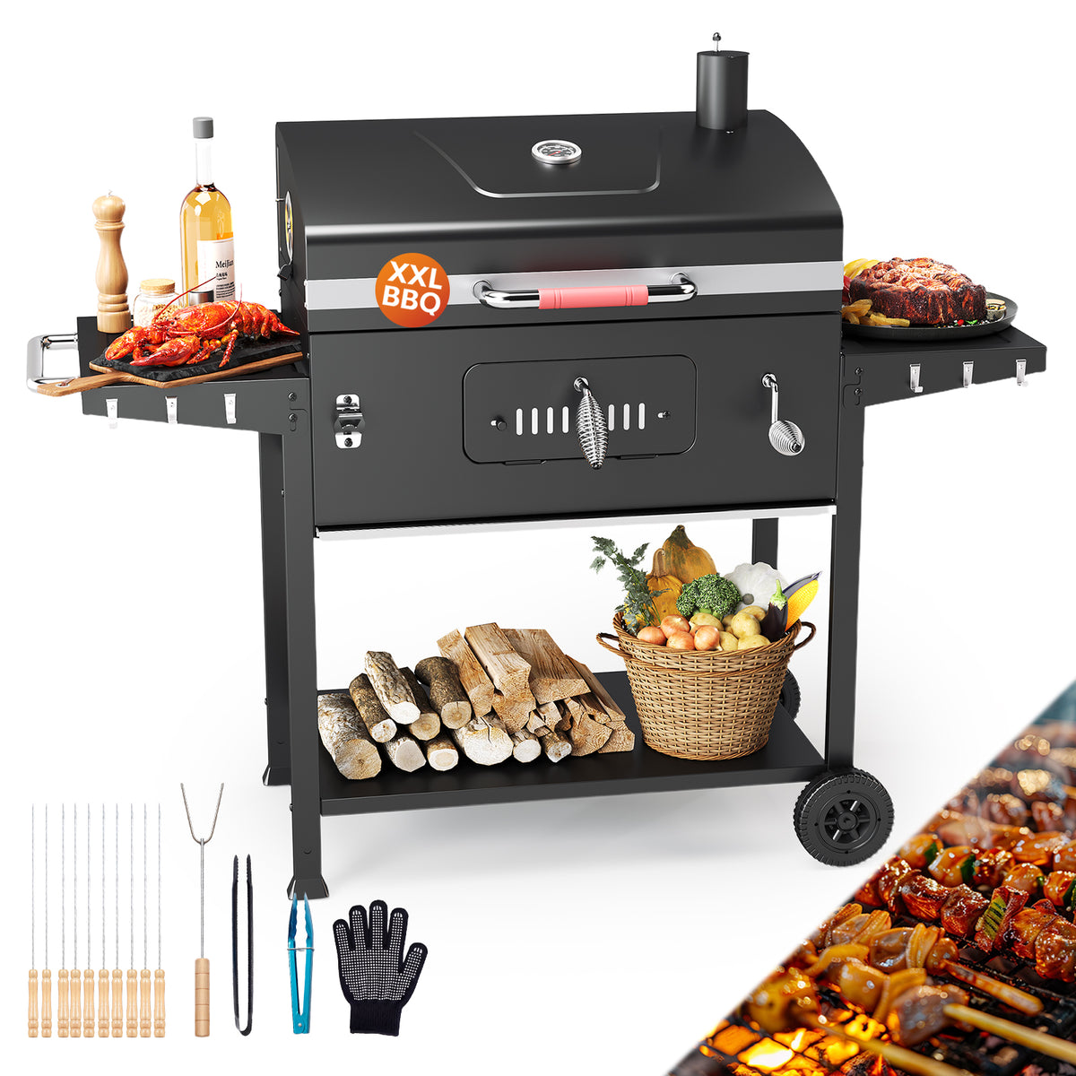 Holzkohlegrill XXL mit Deckel & Thermometer | BBQ Grillwagen mit 2 Seitentischen, Rädern & Ascheschublade | Outdoor Standgrill für Garten - Yardwell