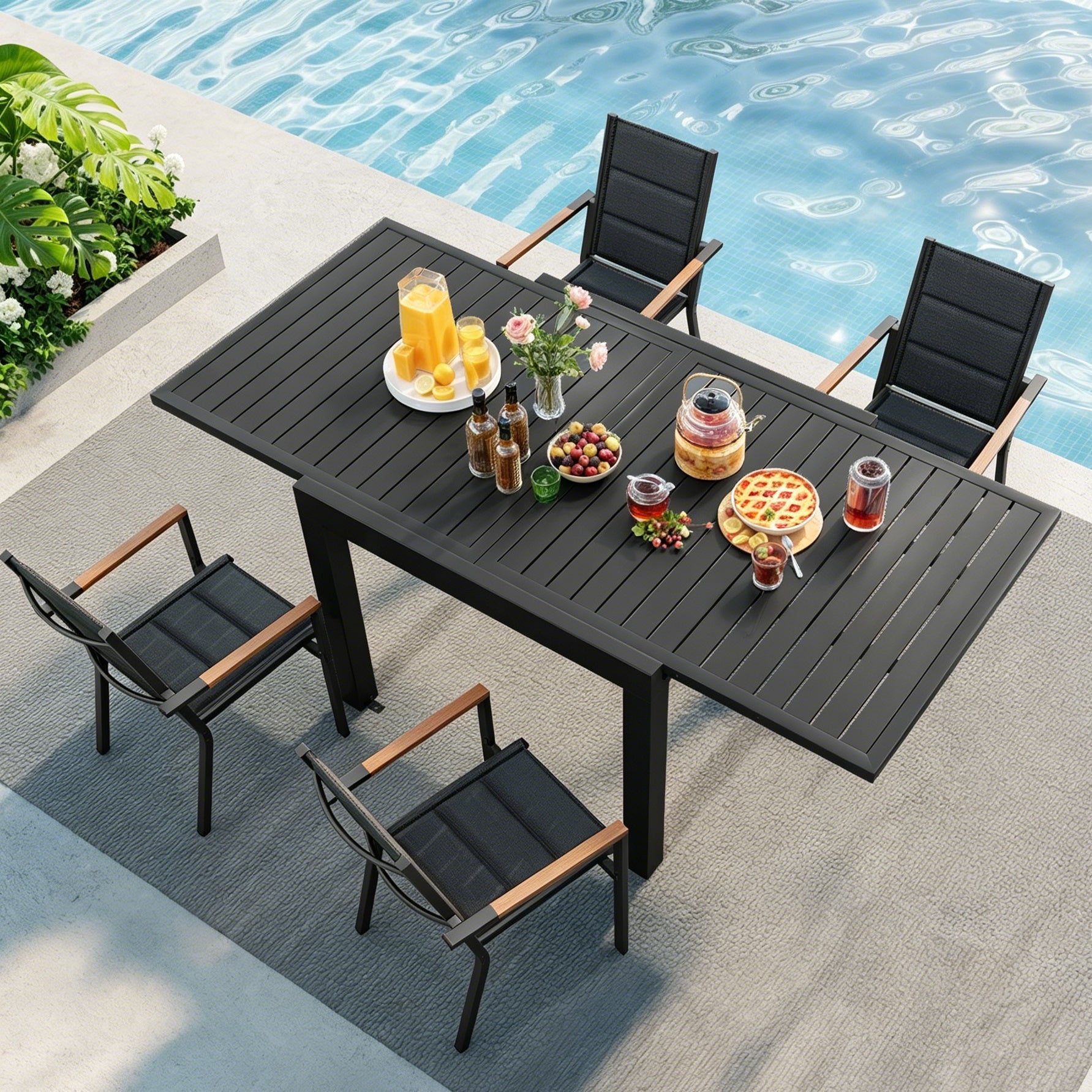 Balkonmöbel Set ausziehbar – Tisch 81–163 cm mit 2 oder 4 Armlehnstühlen, Aluminium, 3 Farben